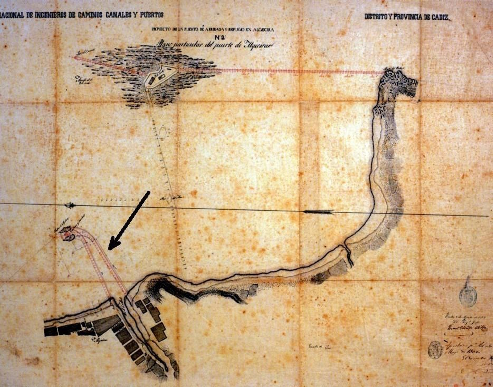 Plano con las principales obras a realizar según el Proyecto del señor Martínez Villa. Obsérvese la propuesta de construcción de un muelle que debía arrancar, bien de la margen izquierda del río, bien de la margen derecha, y que acabaría en la conocida como piedra de la Galera.