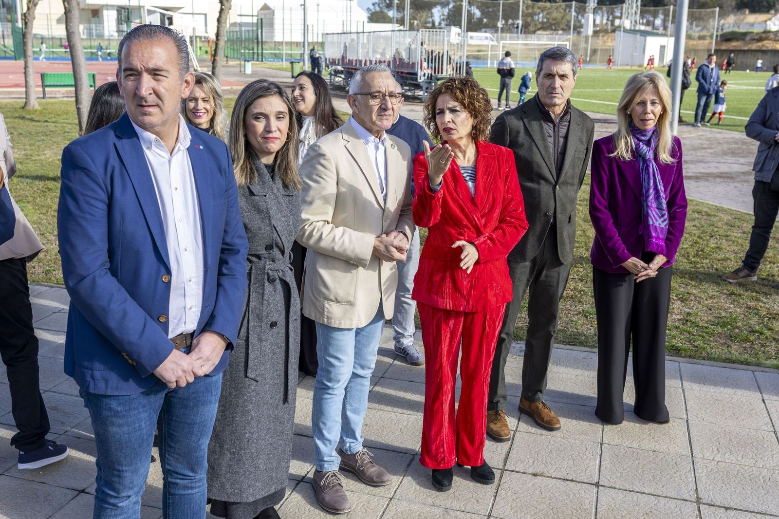 María Jesús Montero esta mañana en la localidad de Bonares en la provincia de Huelva.