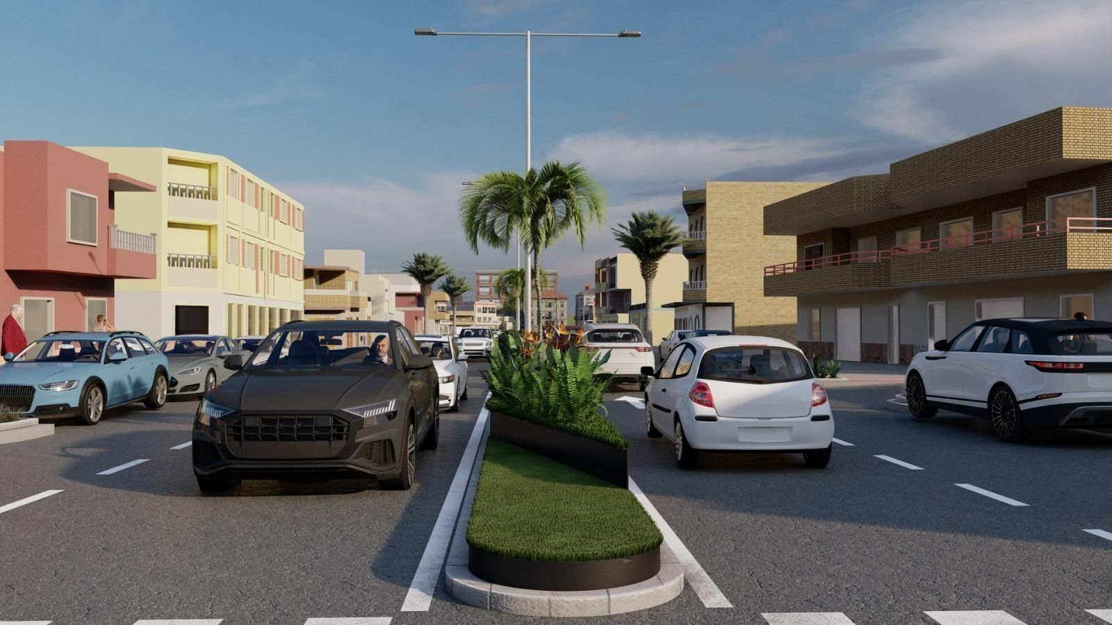 Nueva vegetación y luminaria en la renovación de la mediana del bulevar de Puente del Río