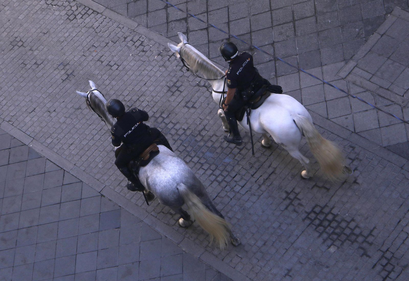 Dos policías nacionales patrullan por Sevilla a caballo.