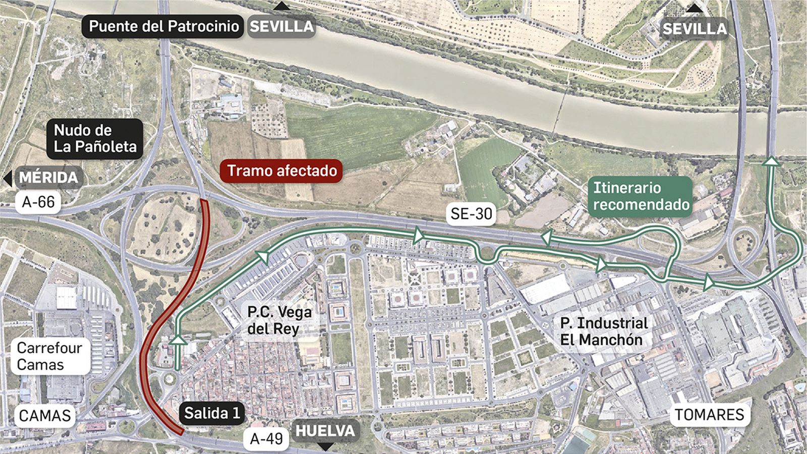 Tramo afectado por las obras en la A-49/N-630 La Pañoleta-Sevilla e itinerarios recomendados.