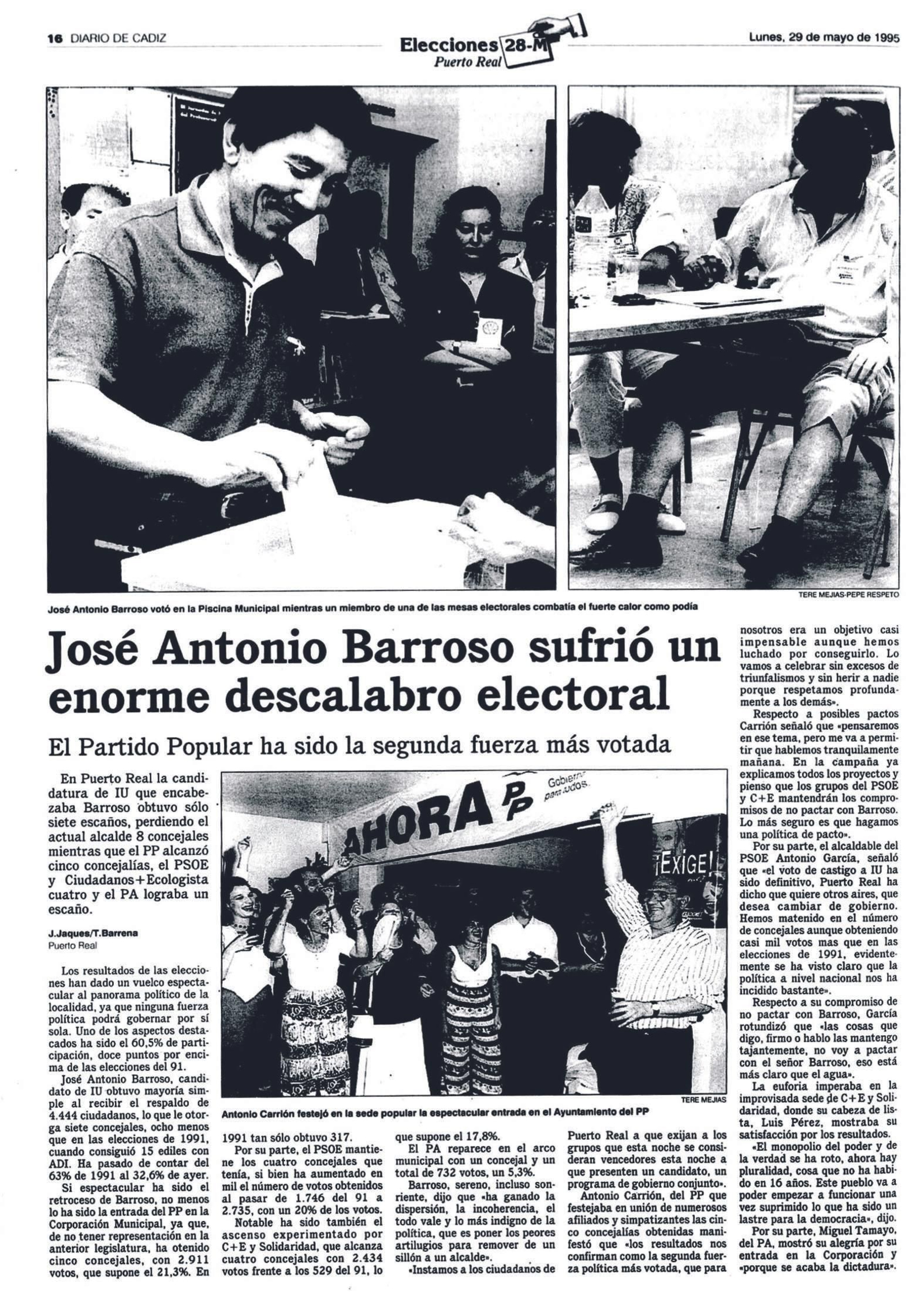 Página de Diario de Cádiz del lunes 29 de mayo de 1995. Página de Diario de Cádiz del lunes 29 de mayo de 1995.
