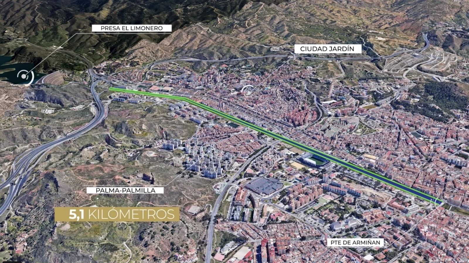 Disposición del parque fluvial sobre el Guadalmedina.