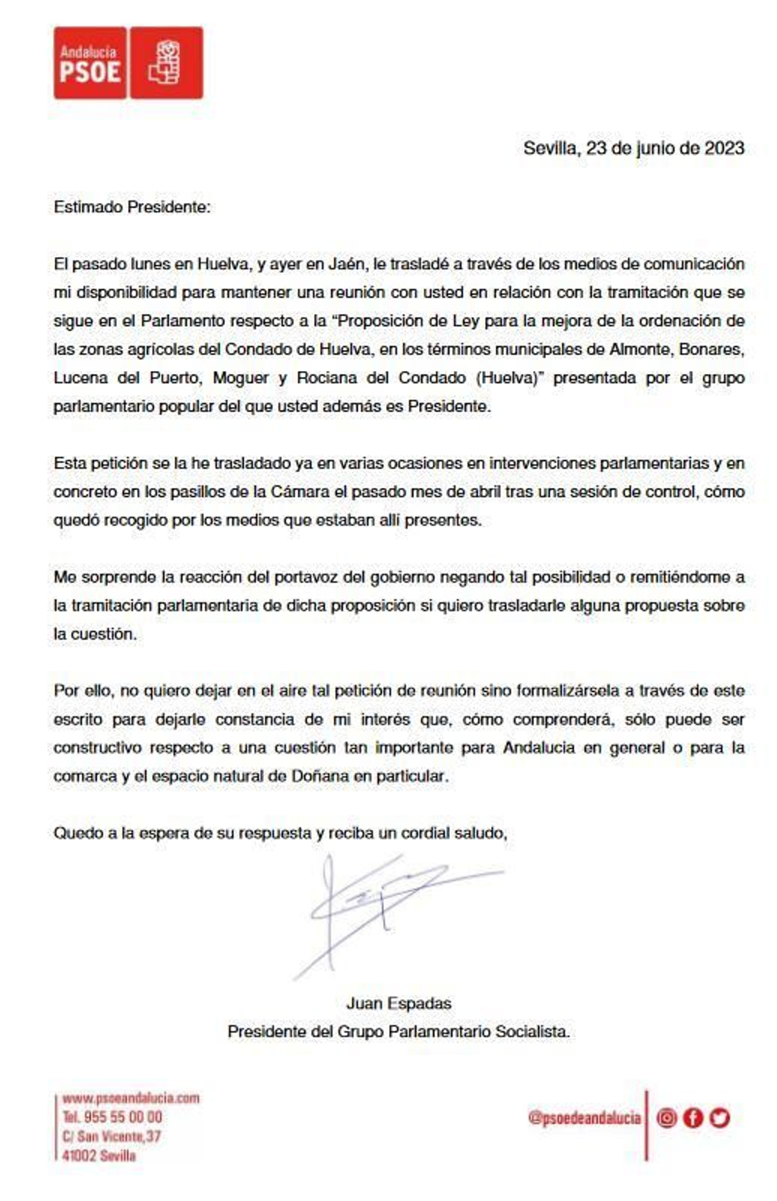 Carta de Juan Espadas a Juanma Moreno sobre Doñana Carta de Juan Espadas a Juanma Moreno sobre Doñana