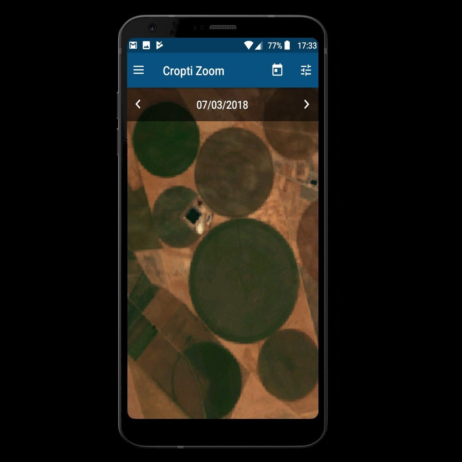 Capturas de la aplicación Cropti Zoom con imágenes reales de satélites y con los filtros de color indicativos.