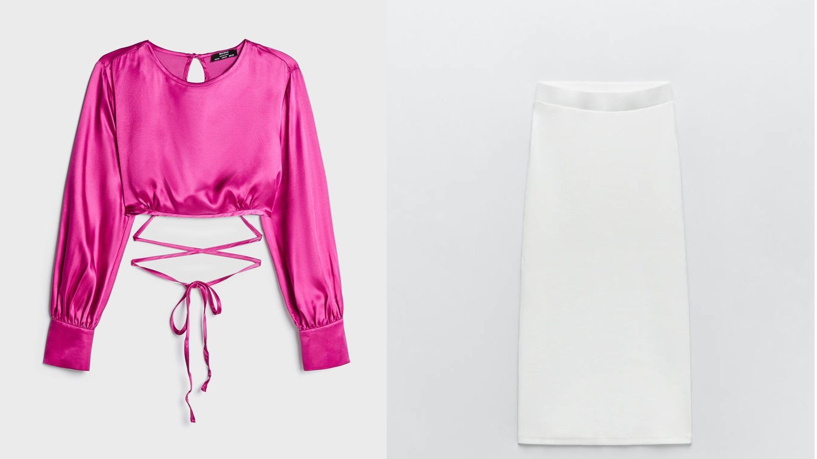 El top rosa de Bershka con una falda de tubo blanca de Zara.