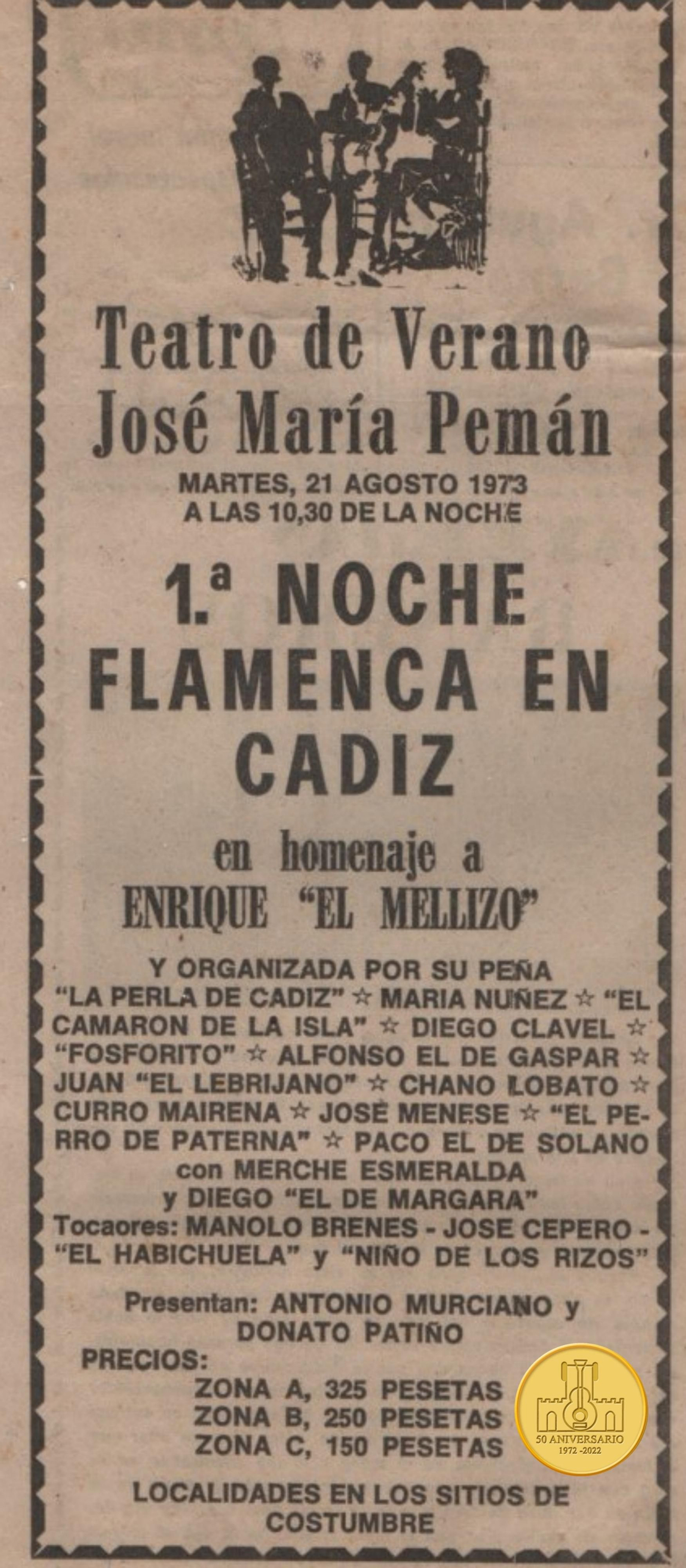 Cartel de la primera Noche Flamenca que organizó la peña Enrique el Mellizo.