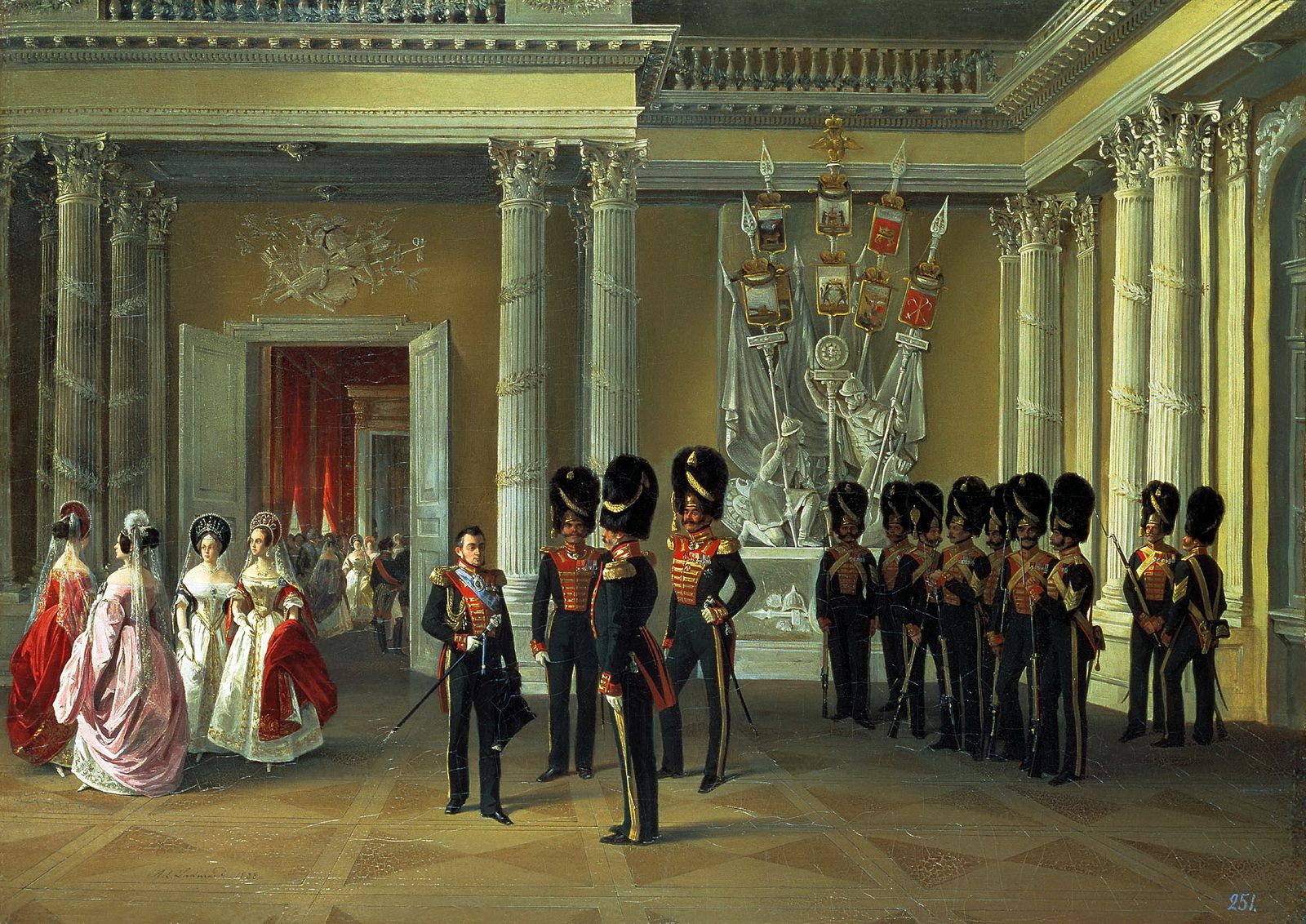 Sala de Armas en el Palacio de Invierno (1838) por Adolphe Ladurner, un año antes de la estancia de Custine en Rusia.