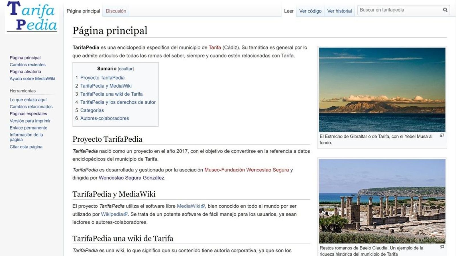 Captura de pantalla de la página de inicio de la wiki tarifeña Tarifapedia.
