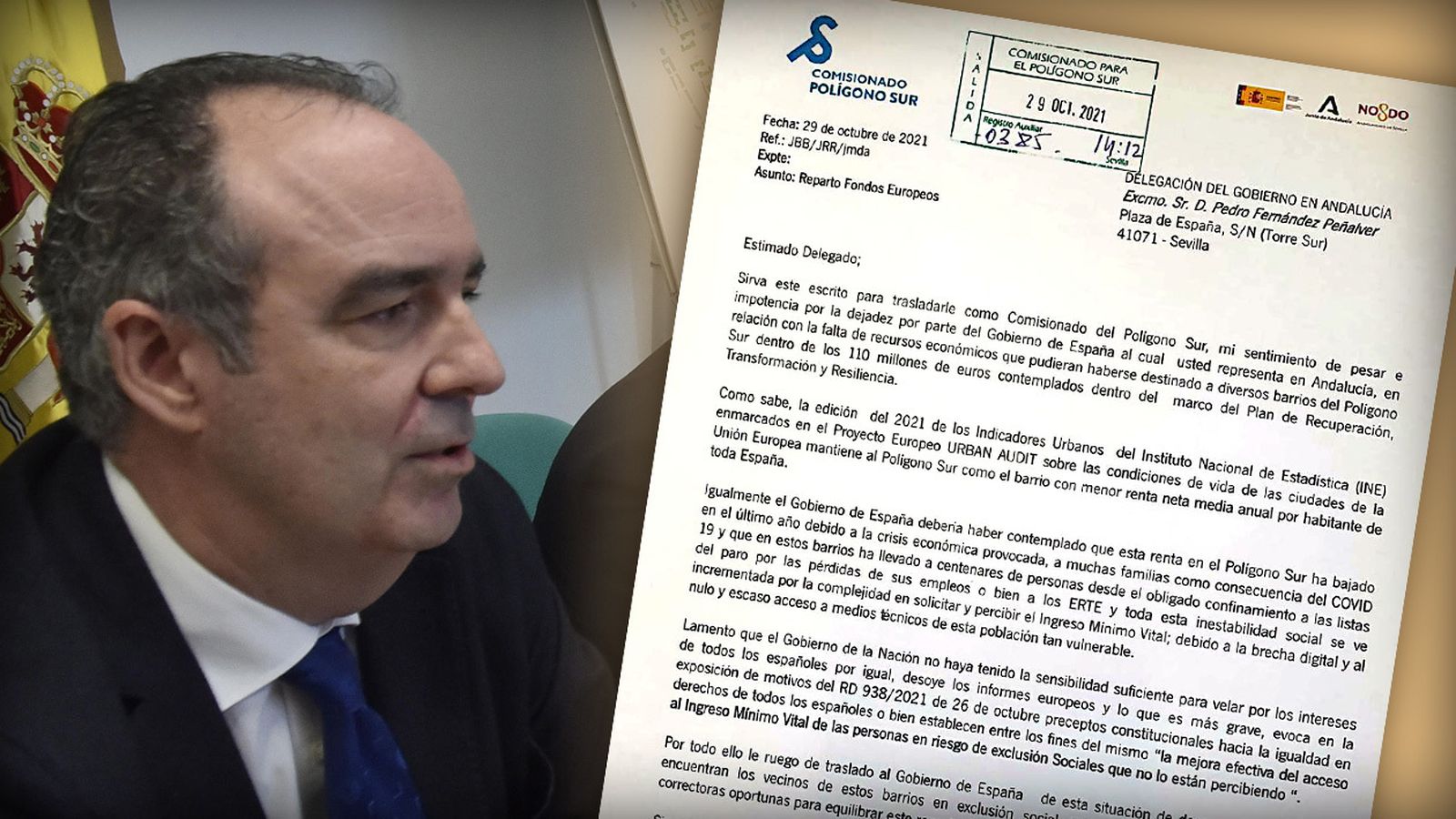 El Comisionado Jaime Bretón y una reproducción del escrito enviado  al Delegado del Gobierno.