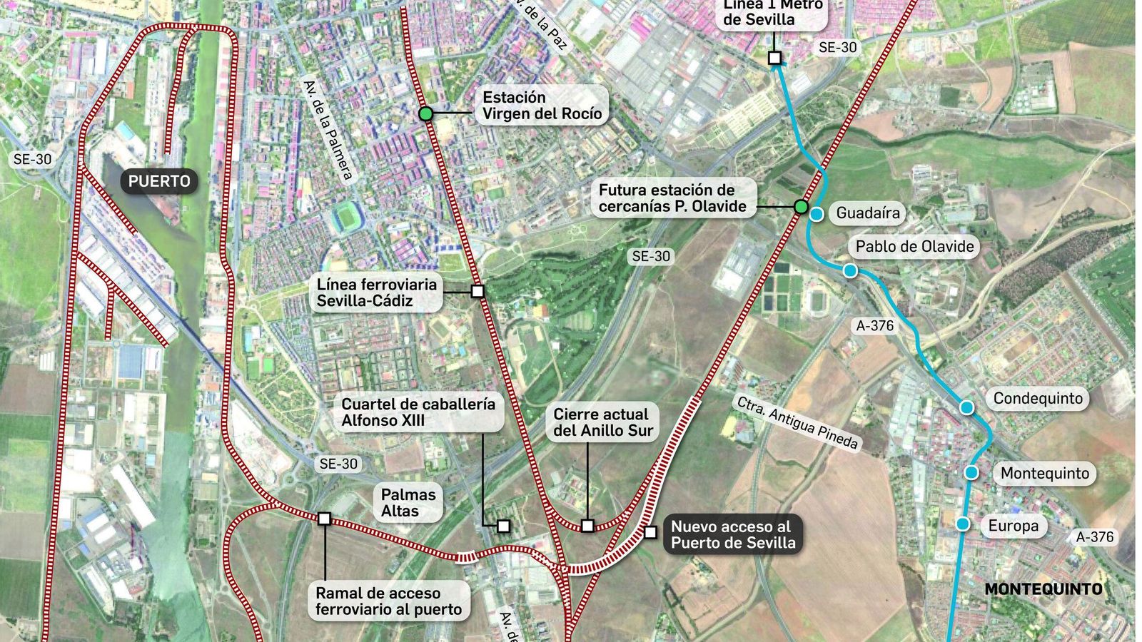 Detalle de cómo será el nuevo acceso ferroviario al Puerto de Sevilla desde la Negrilla.