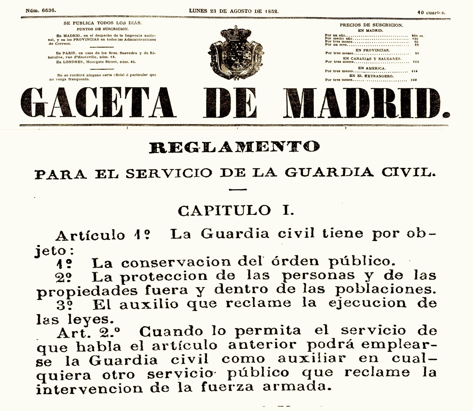 Inicio del Reglamento de Servicio de la Guardia Civil, aprobado el 2 de agosto de 1852.