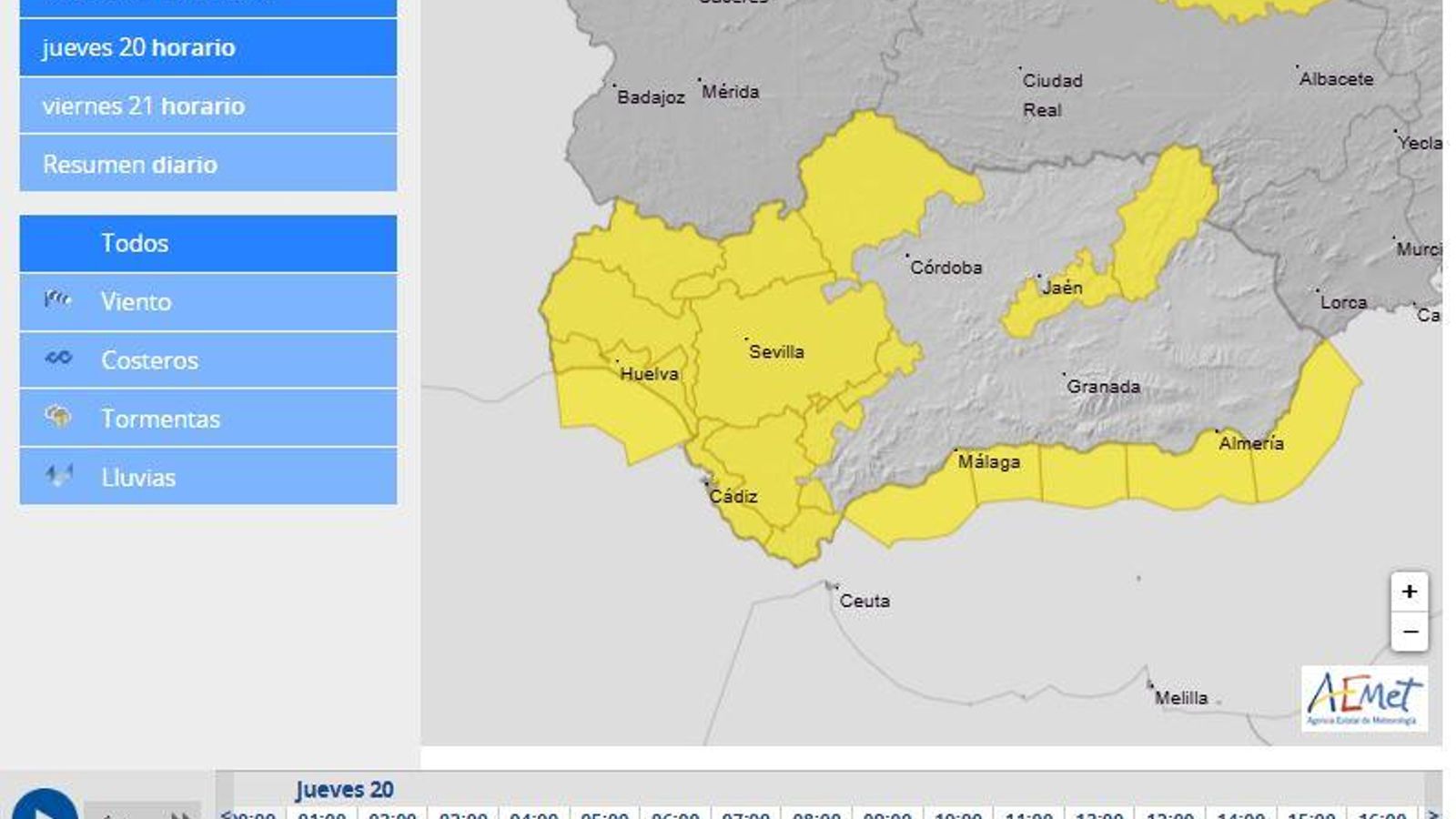 Mapa de previsión de lluvias de la Aemet para este jueves en Huelva.