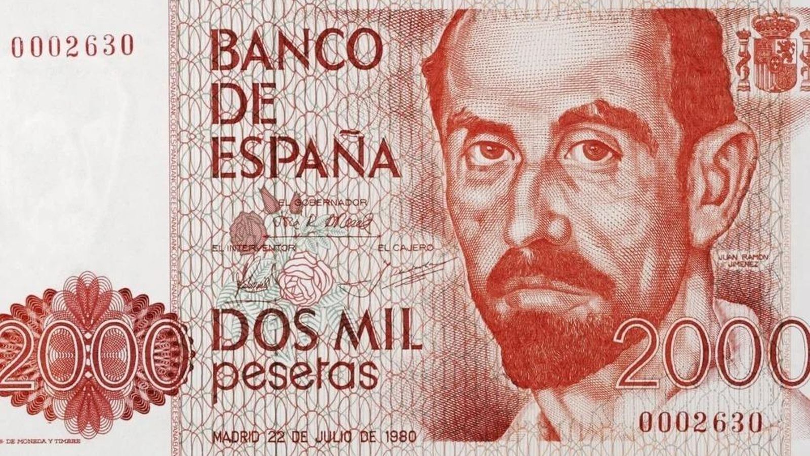 Billete de 2.000 pesetas con la imagen de Juan Ramón Jiménez