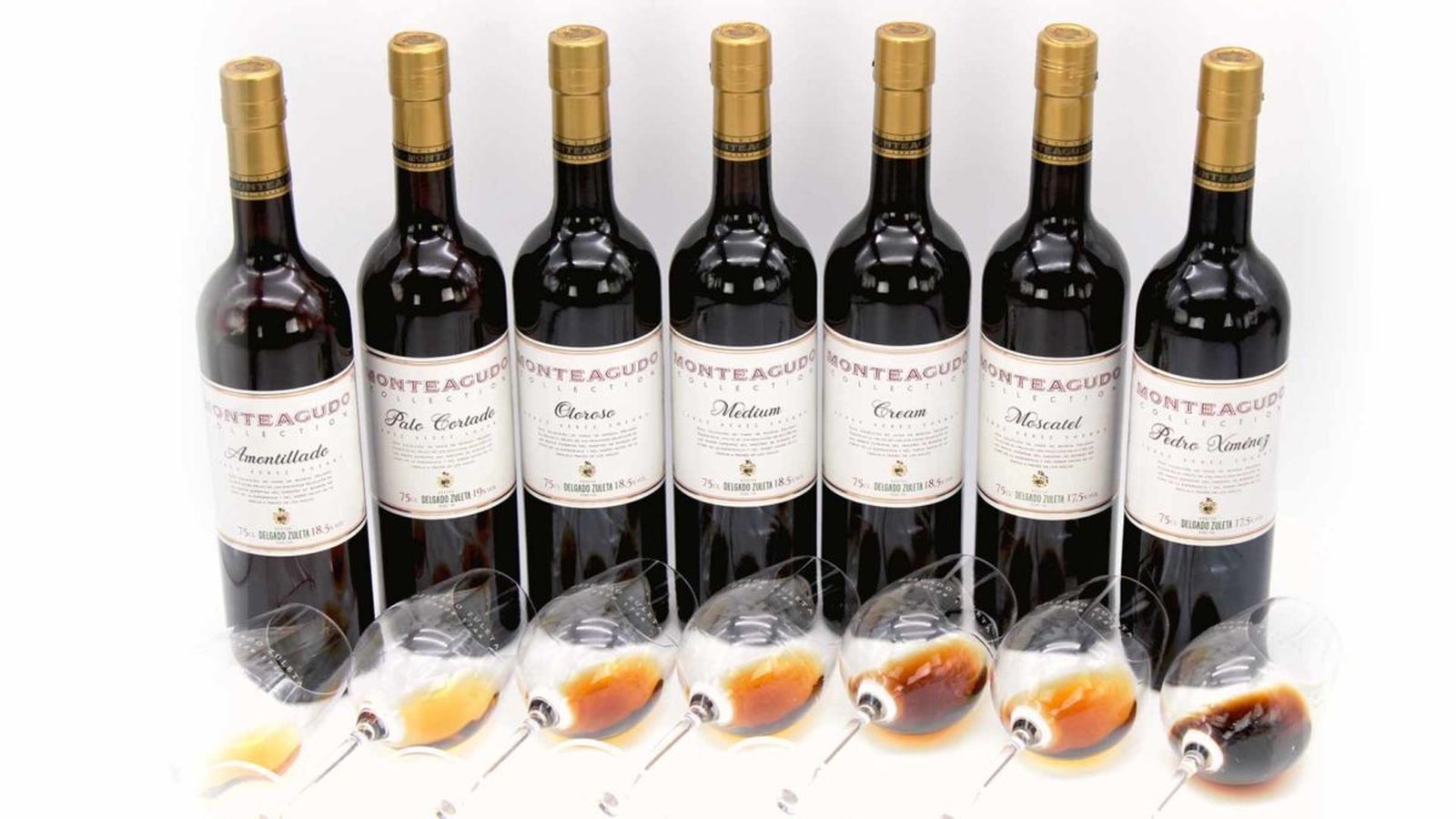 Gama de vinos Monteagudo de Delgado Zuleta, entre los que figuran el palo cortado, Medalla Gran Oro, y el oloroso y el pedro ximénez, Medalla de Oro.
