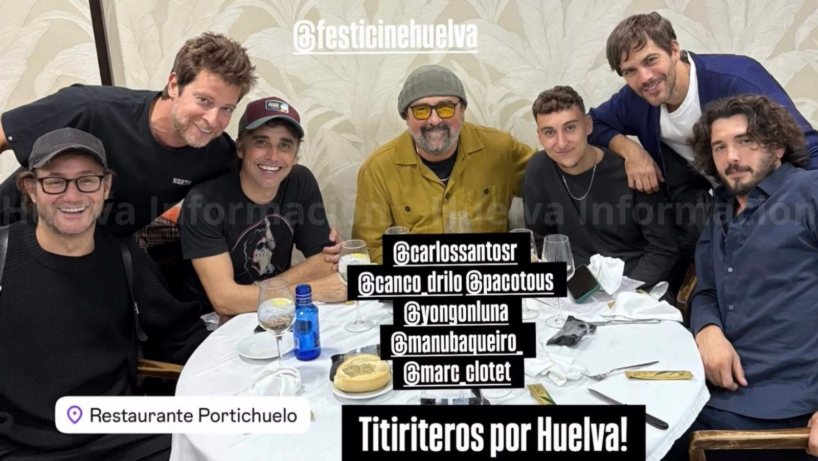 Carlos Santos, Manu Baqueiro, Canco Rodríguez, Paco Tous, Marc Clotet y Yon González degustando la gastronomía onubense