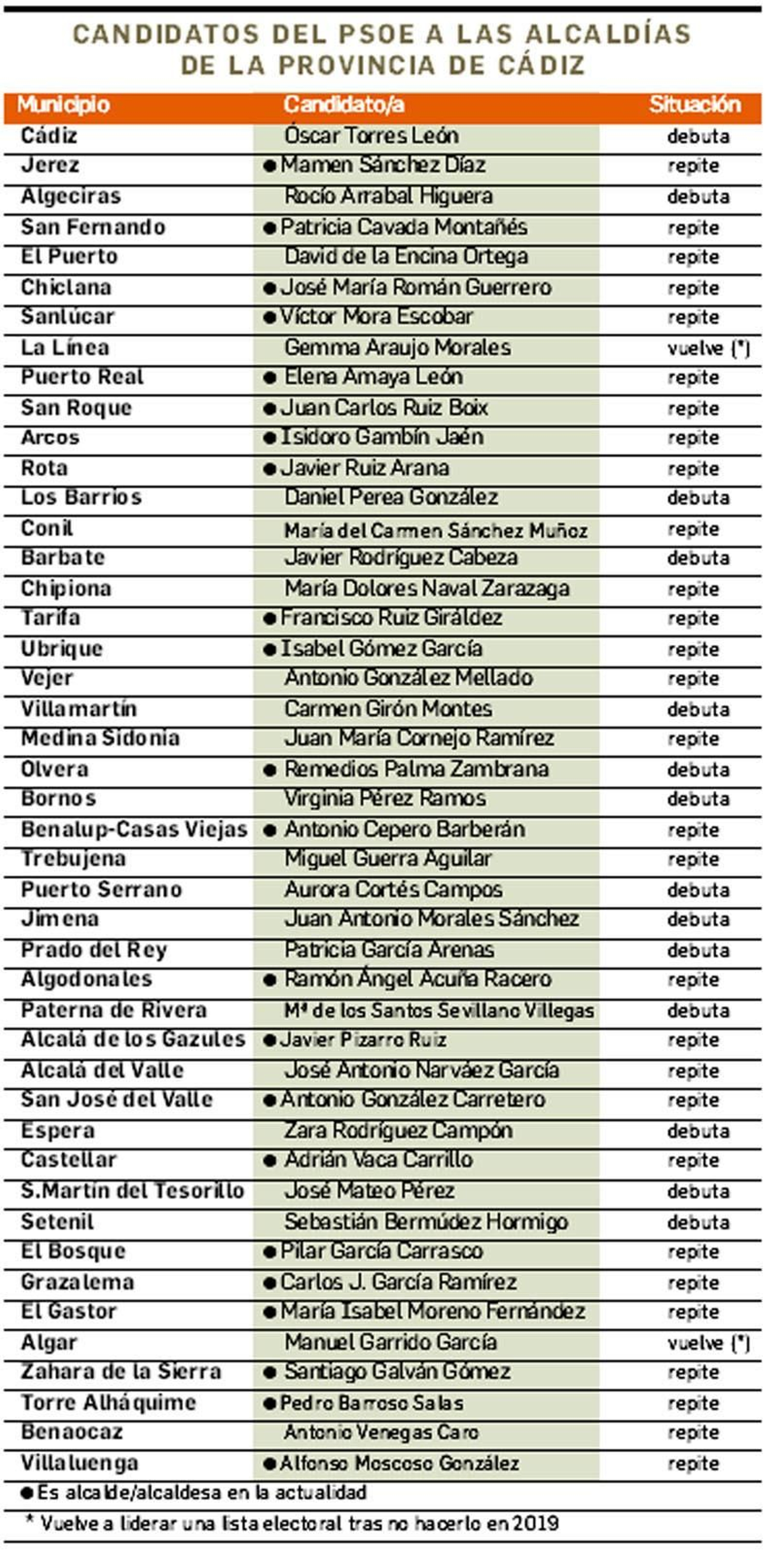 Candidatos del PSOE a alcaldes en los 45 municipios de Cádiz