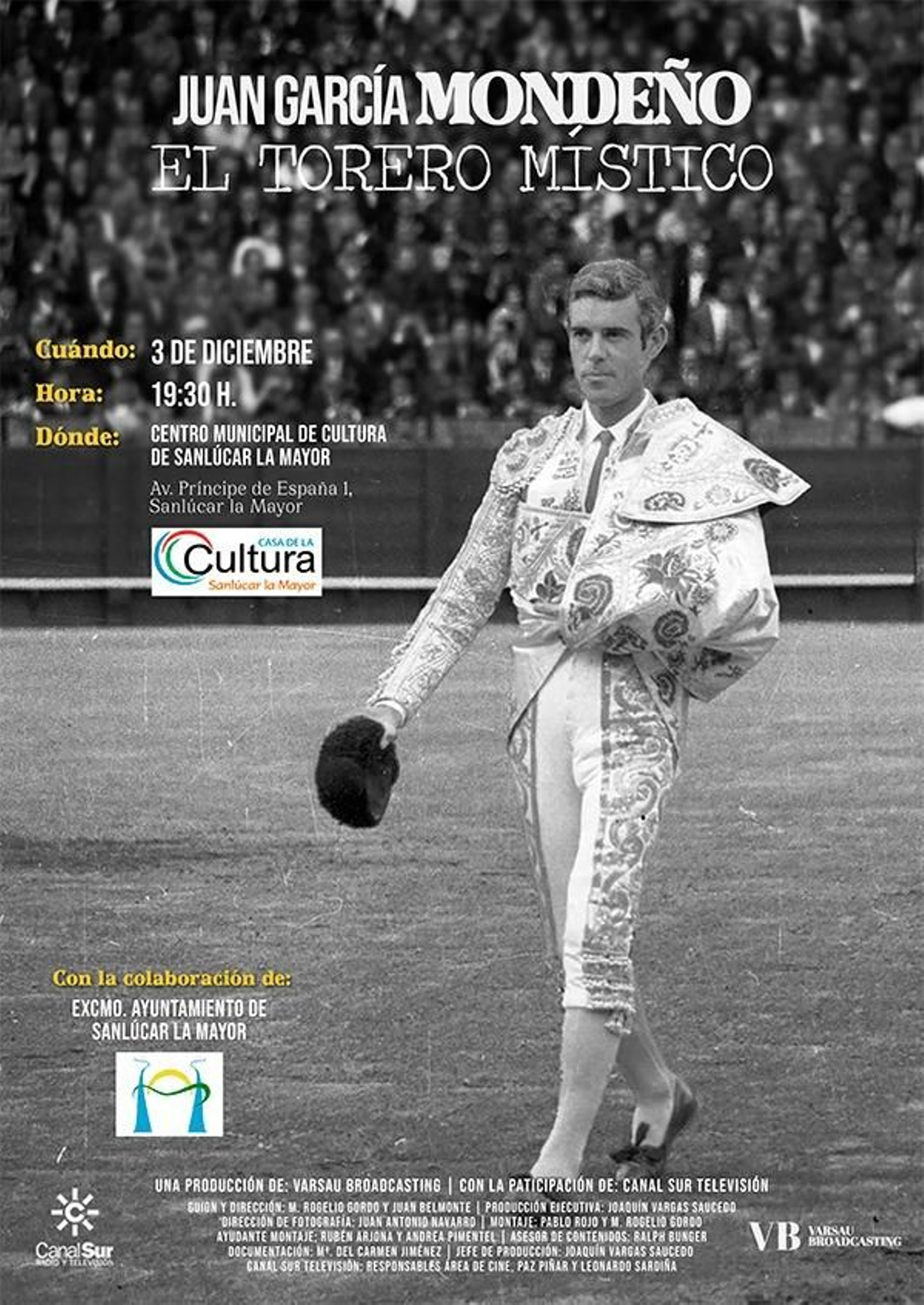 Cartel anunciador de la proyección del documental en el teatro de Sanlúcar la Mayor.