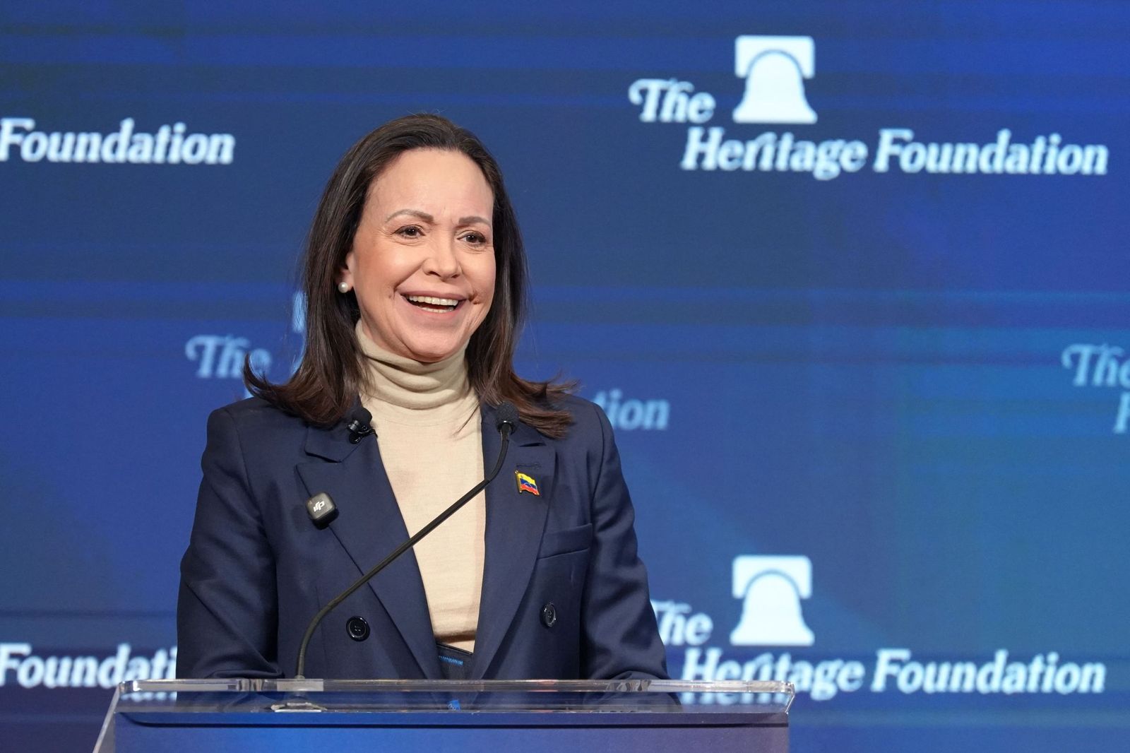 La líder opositora venezolana y Premio Nobel de la Paz, María Corina Machado, en su comparecencia este viernes en Washington.