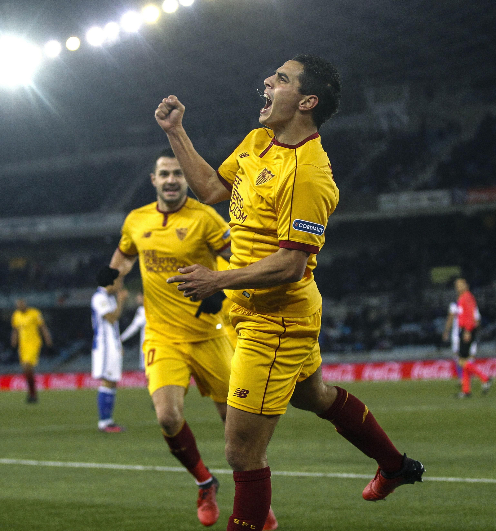 Ben Yedder celebra uno de sus tantos en Anoeta.