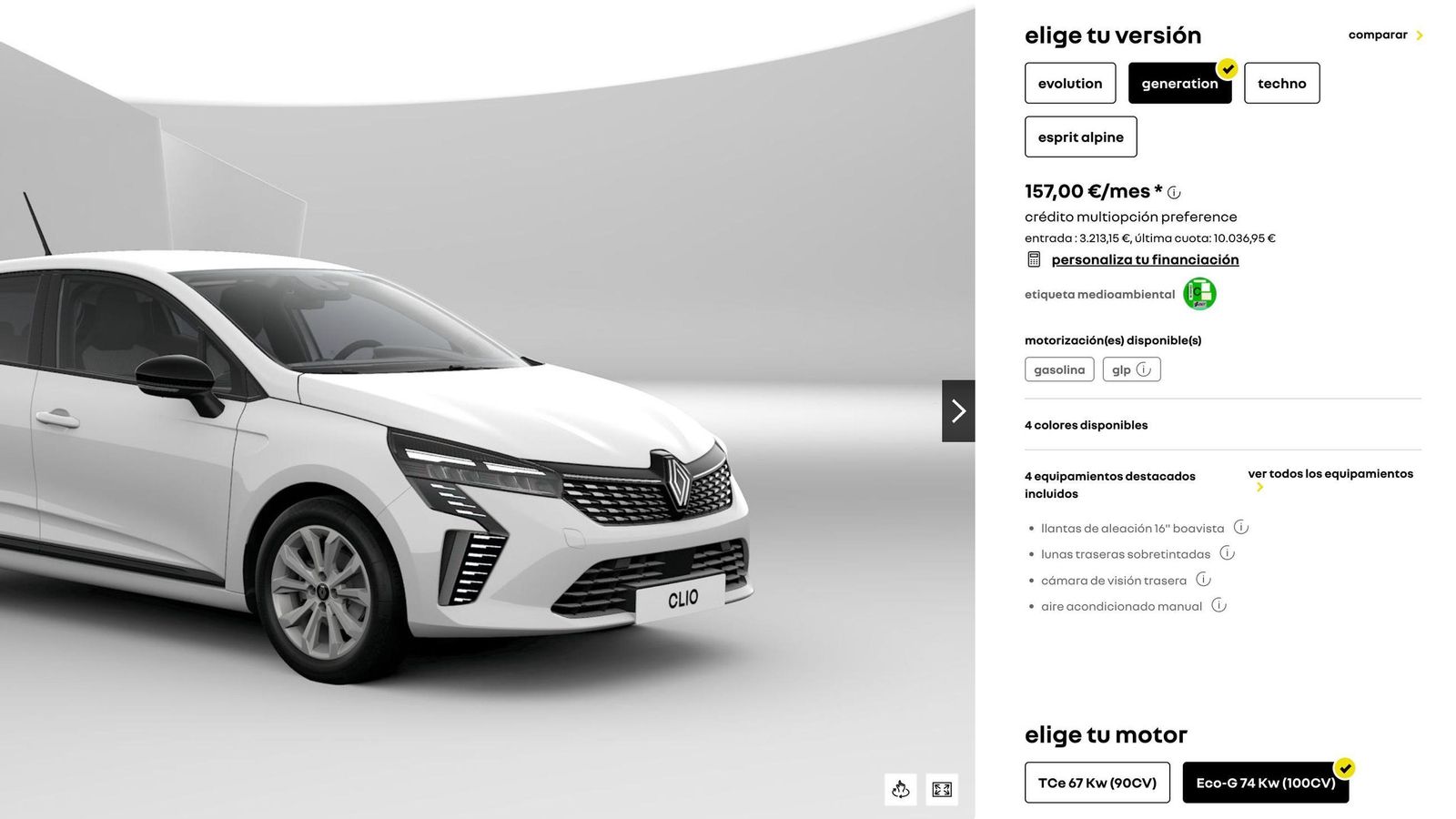 Mientras que el Clio Evolution puede elegirse también con versión híbrida o Diesel, en el caso del Generation Renault sólo ofrece las otras dos posibilidades: TCe y Eco-G. Mientras que el Clio Evolution puede elegirse también con versión híbrida o Diesel, en el caso del Generation Renault sólo ofrece las otras dos posibilidades: TCe y Eco-G.