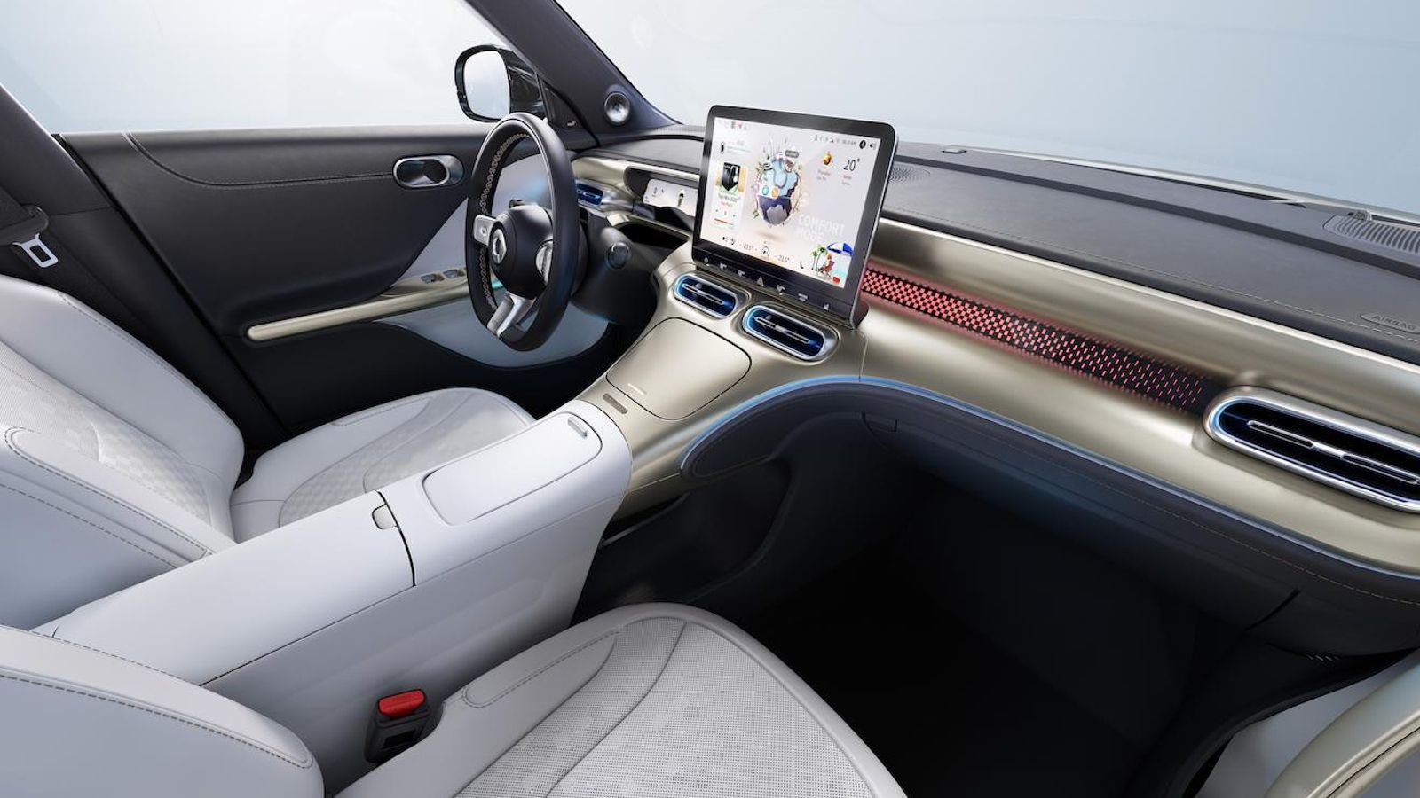 El salpicadero está reducido a un tamaño mínimo, a diferencia de la consola central que está muy elevada. Debajo de ésta hay una superficie para depositar objetos.