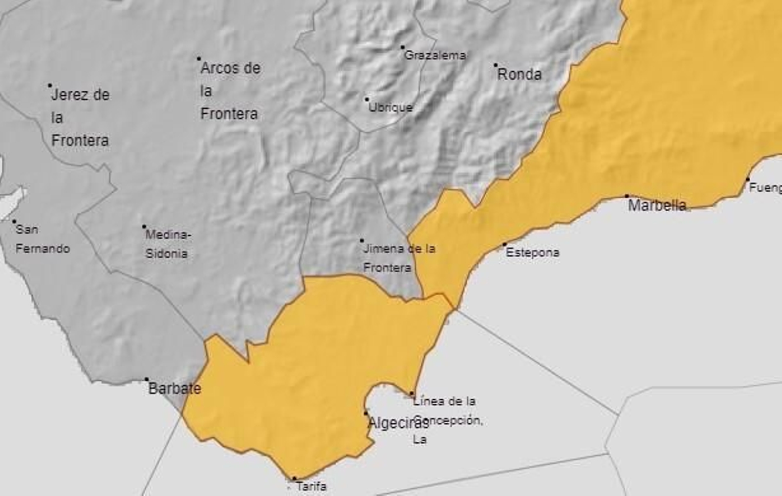 zonas de las provincias de Cádiz y Málaga con alerta naranja