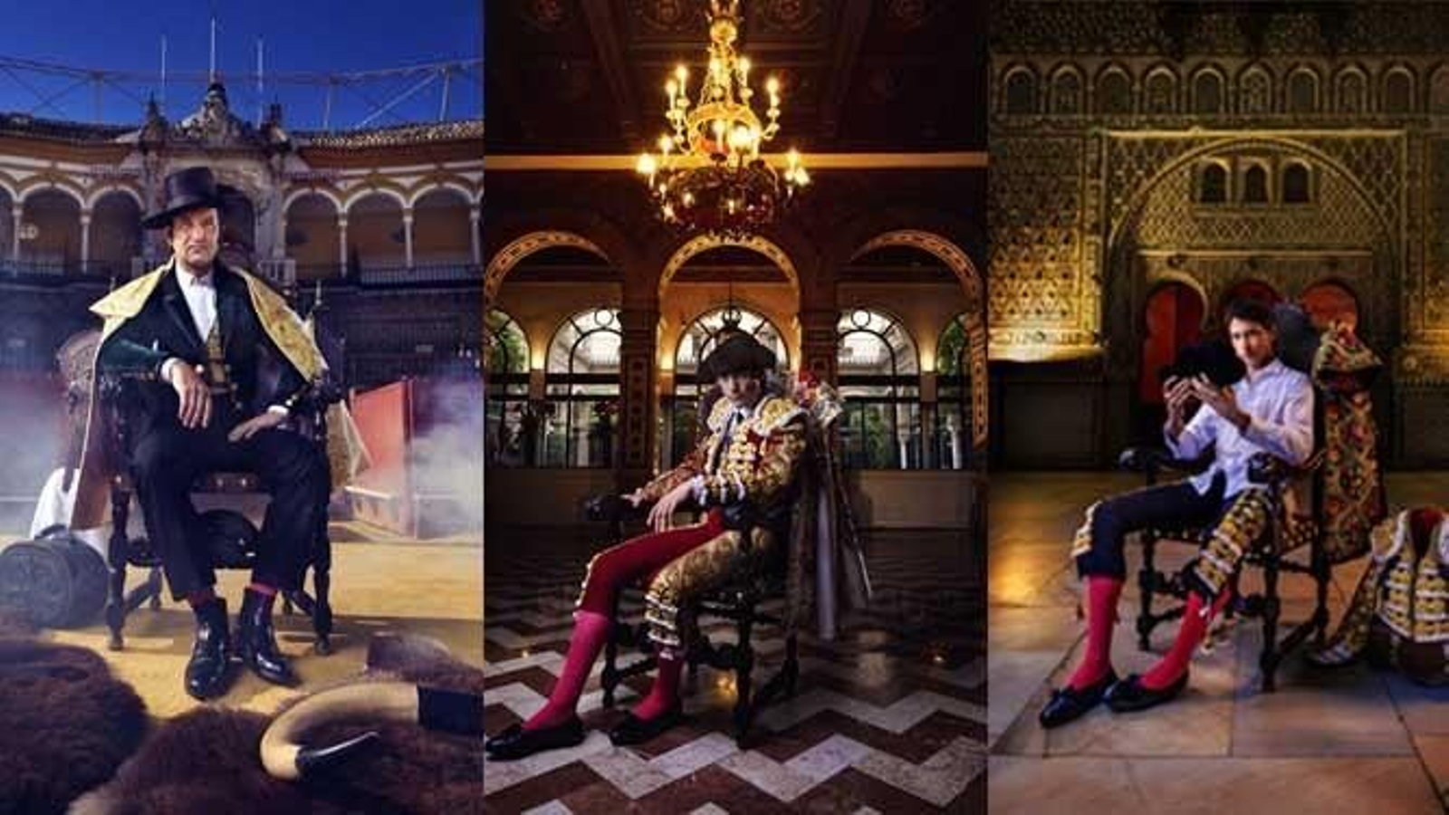 Morante (i), Castella (c) y Roca Rey (d), en los carteles promocionales de la temporada de la Maestranza.