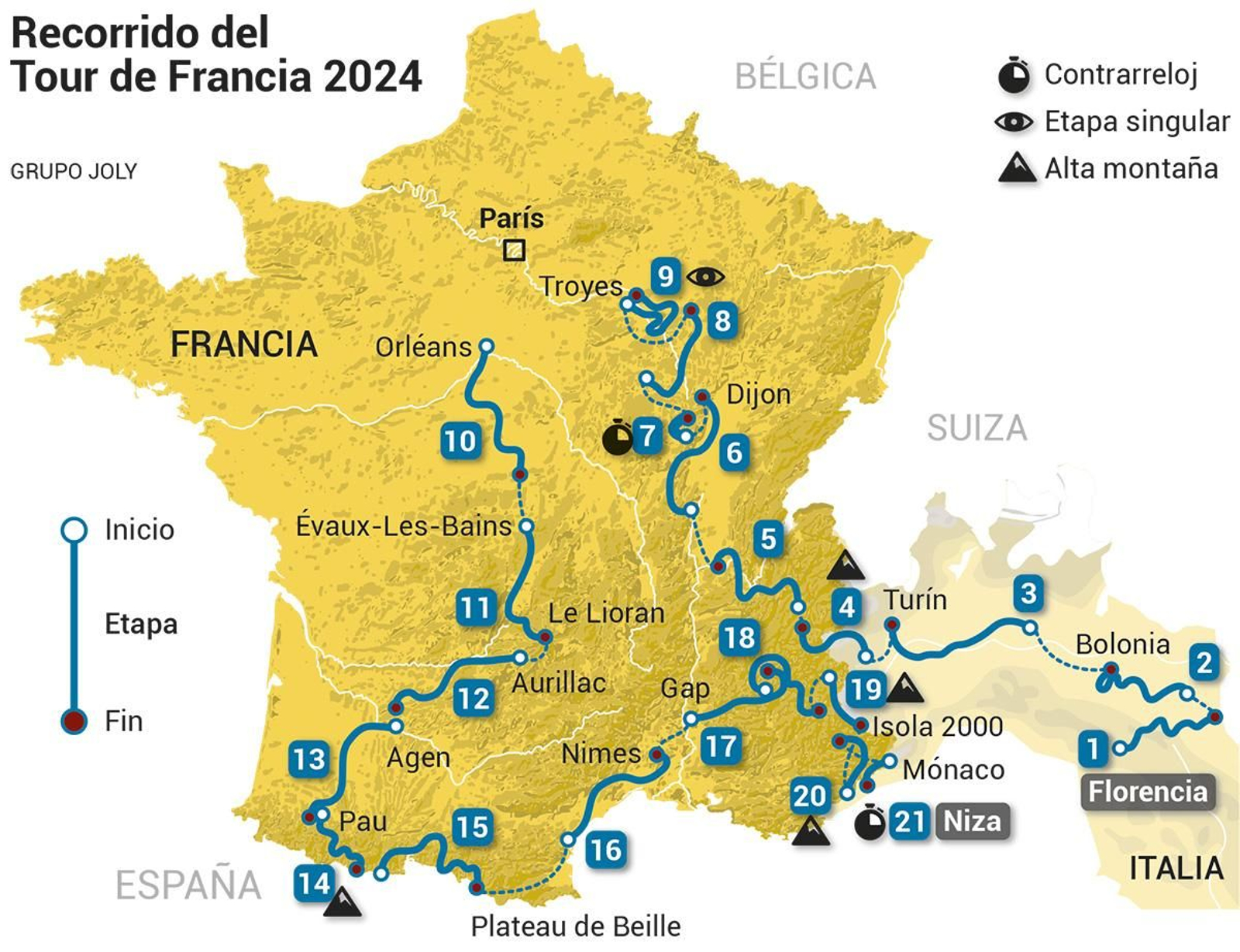 Mapa con el recorrido del Tour 2024. Fuente: Tour de Francia.