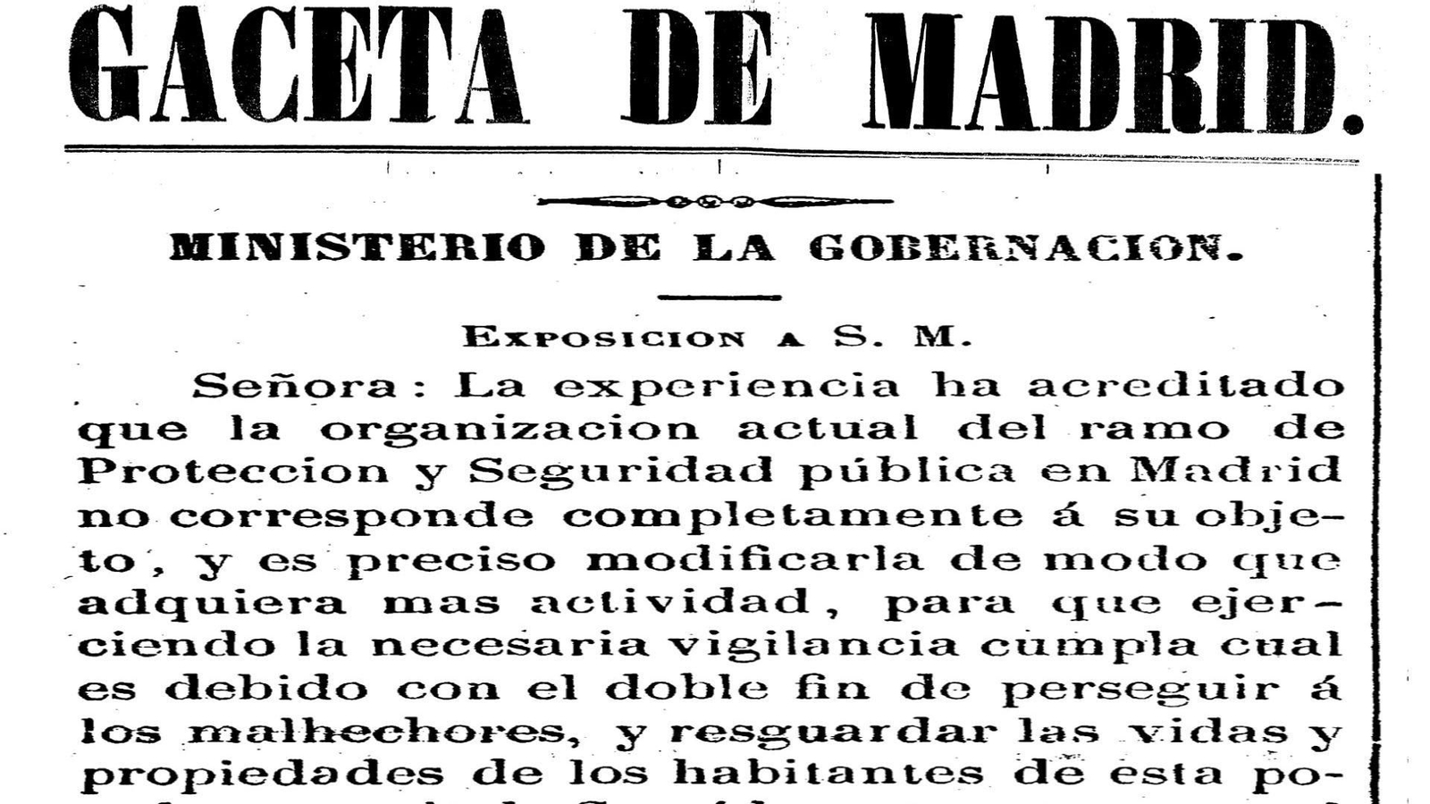 'Gaceta de Madrid' del 8 de marzo de 1852 publicando un real decreto creando el Servicio de Vigilancia.