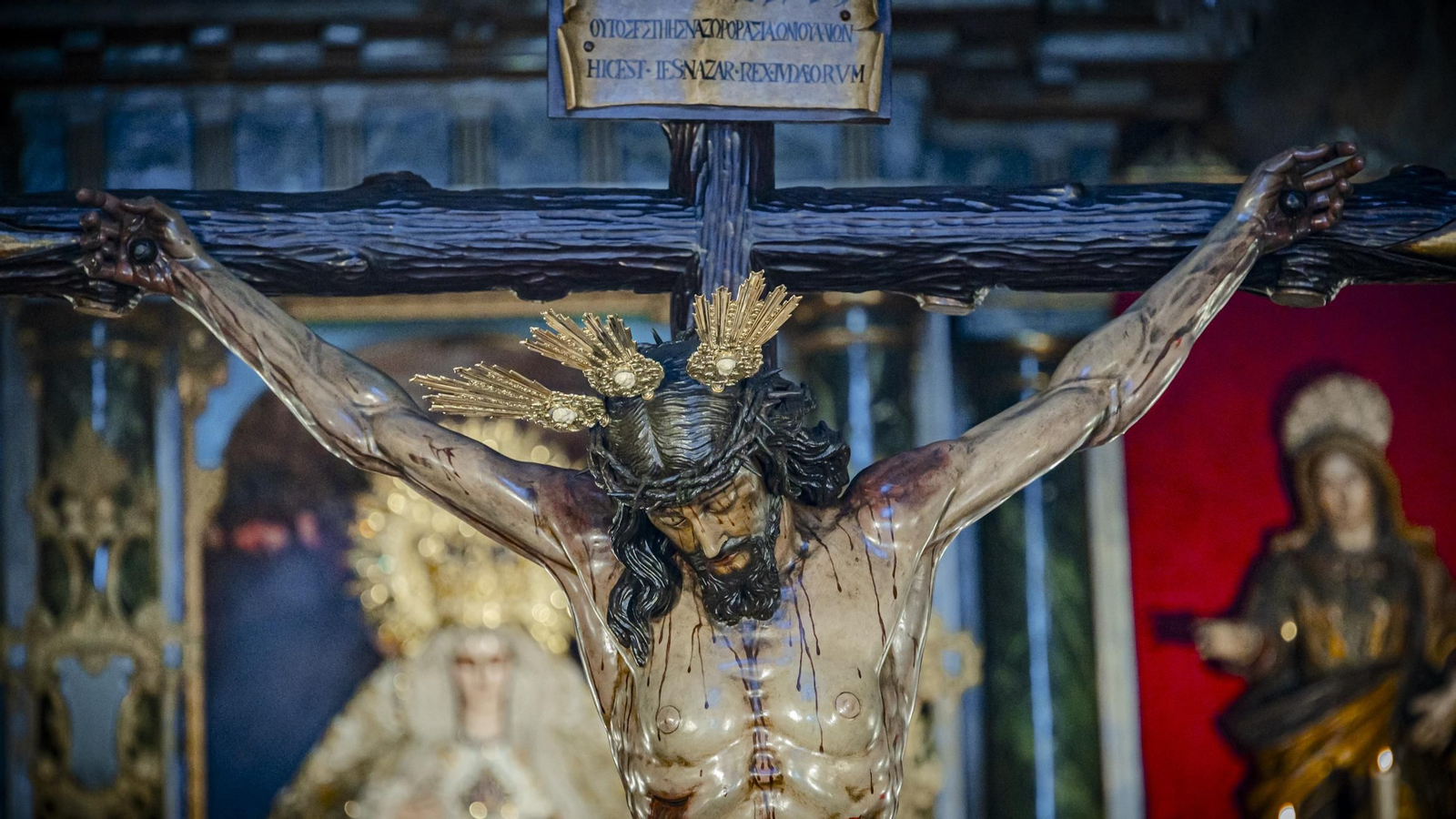 El Cristo de la Misericordia expuesto en la parroquia de La Palma tras su restauración en 2024.