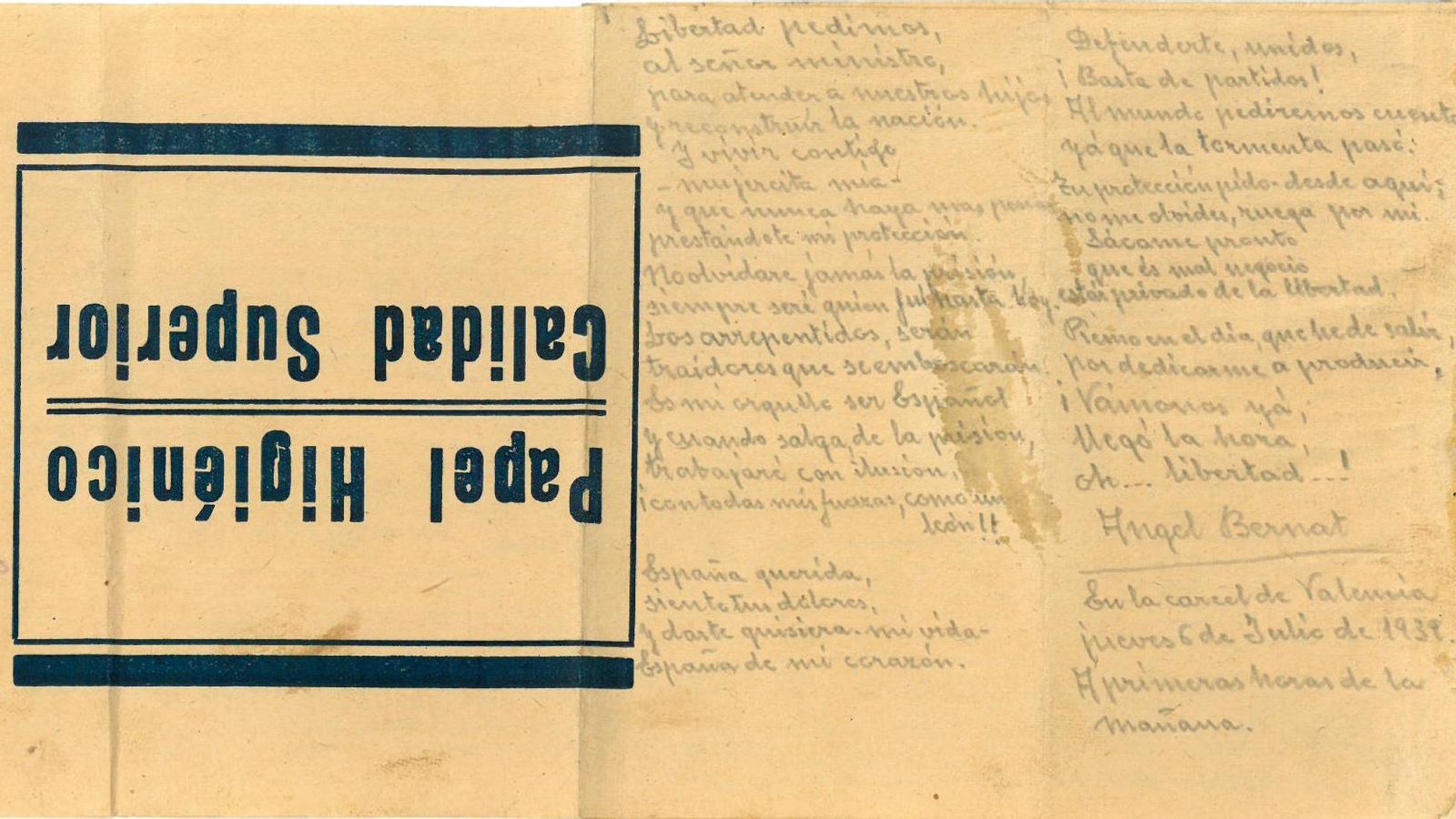 Letra de 'Oh Libertad' escrita por Ángel Bernat poco antes de ser fusilado en 1939 en papel higiénico