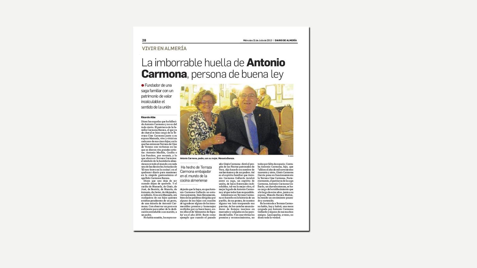Diario de Almería publicaba en 2013 la noticia de la muerte de Antonio Carmona.