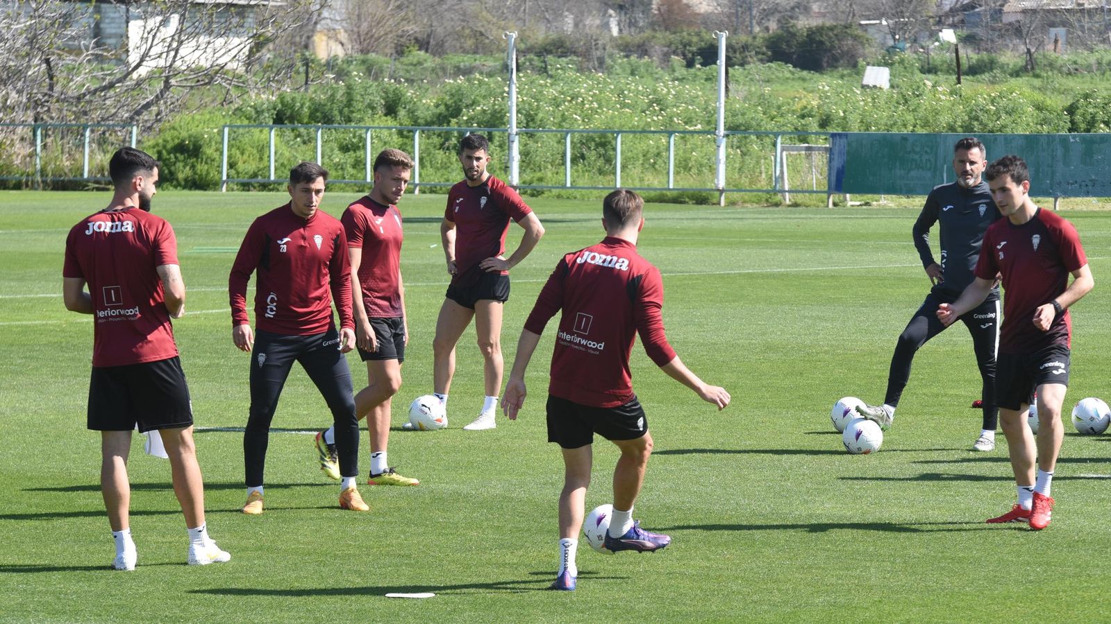Los jugadores del Córdoba CF hacen un rondo en un entrenamiento en la Ciudad Deportiva.