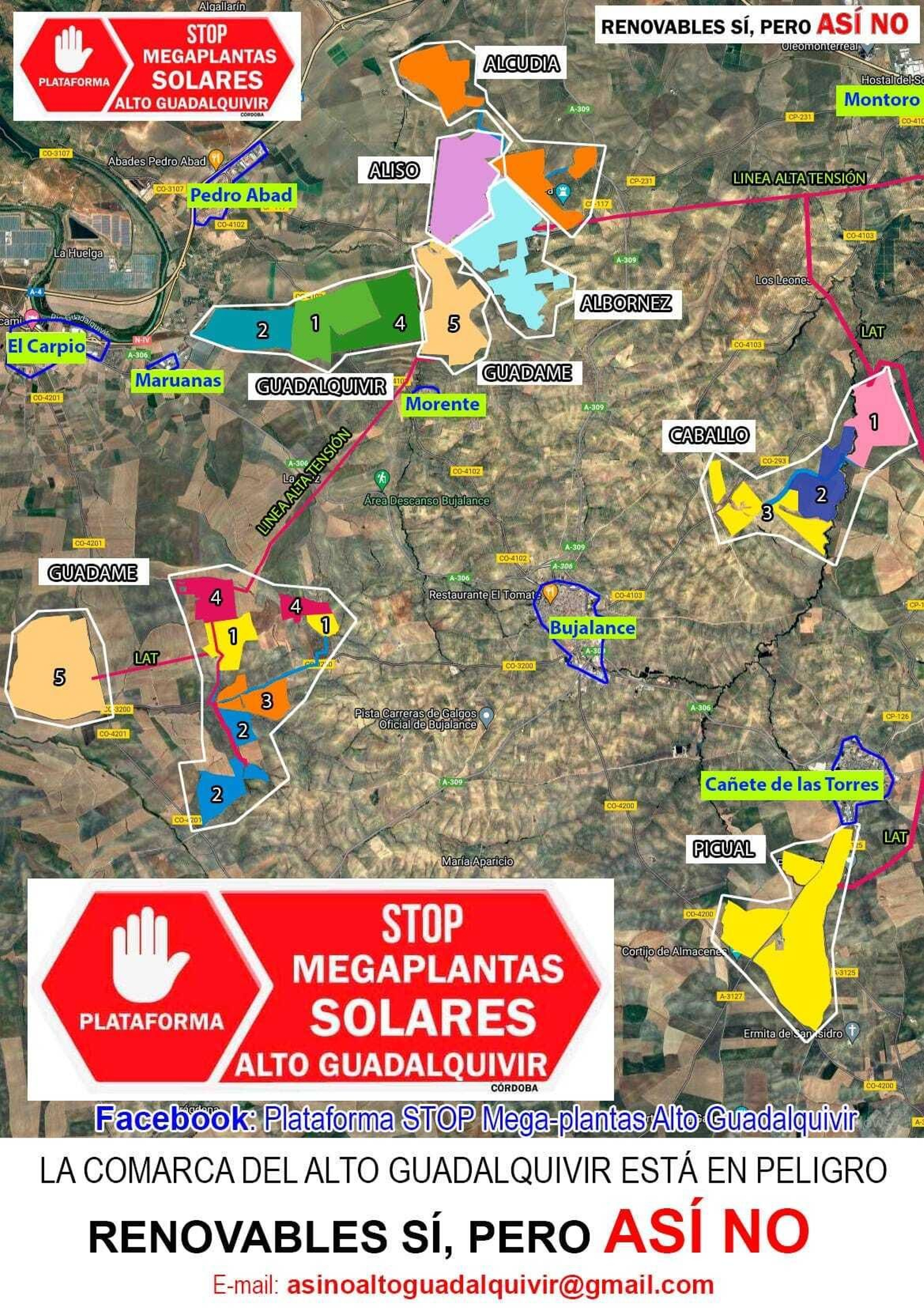 Plano de las plantas solares proyectadas en el Alto Guadalquivir cordobés.