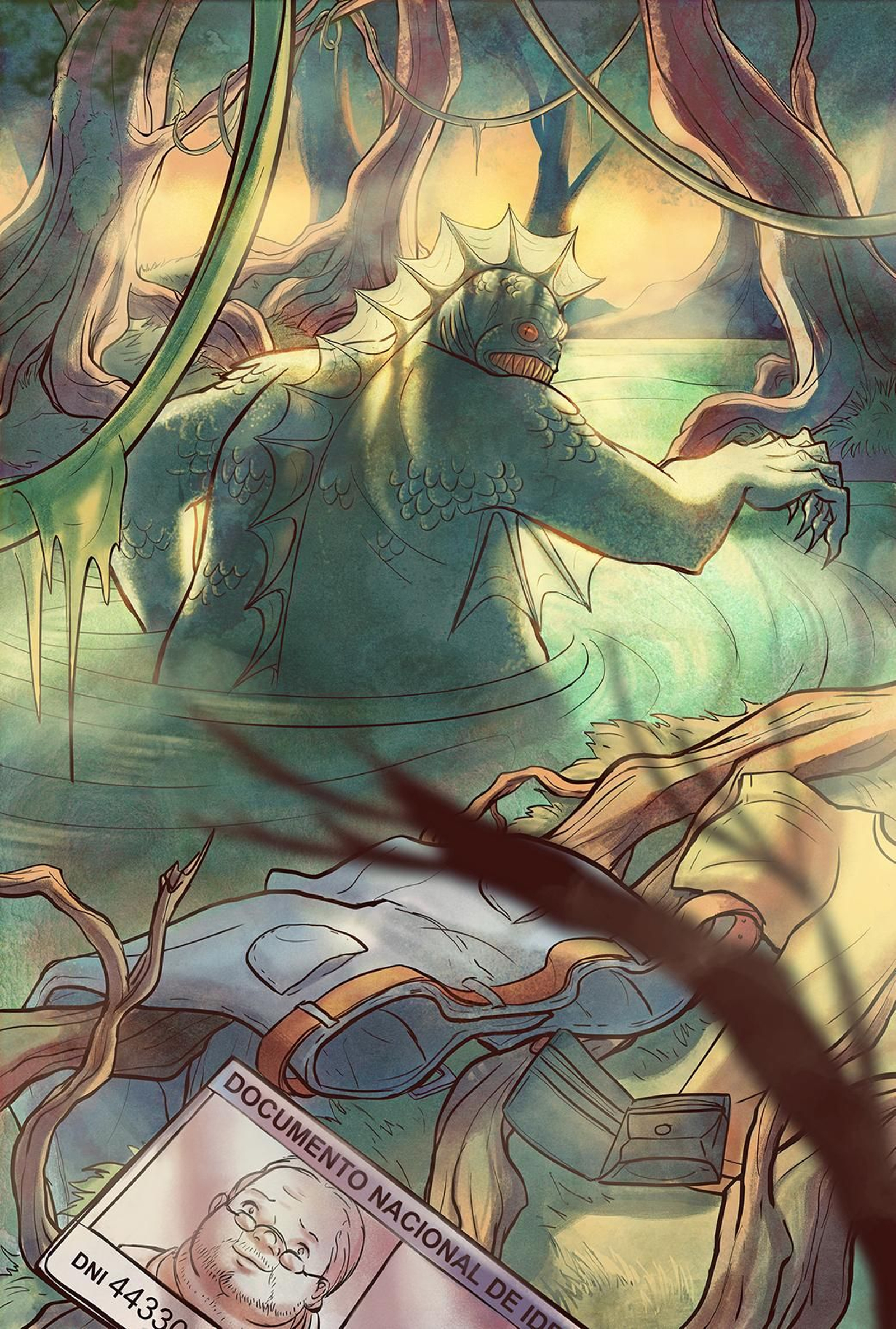 Ilustración del relato 'El monstruo de la laguna verde' incluida en esta nueva versión en cómic. Ilustración del relato 'El monstruo de la laguna verde' incluida en esta nueva versión en cómic.