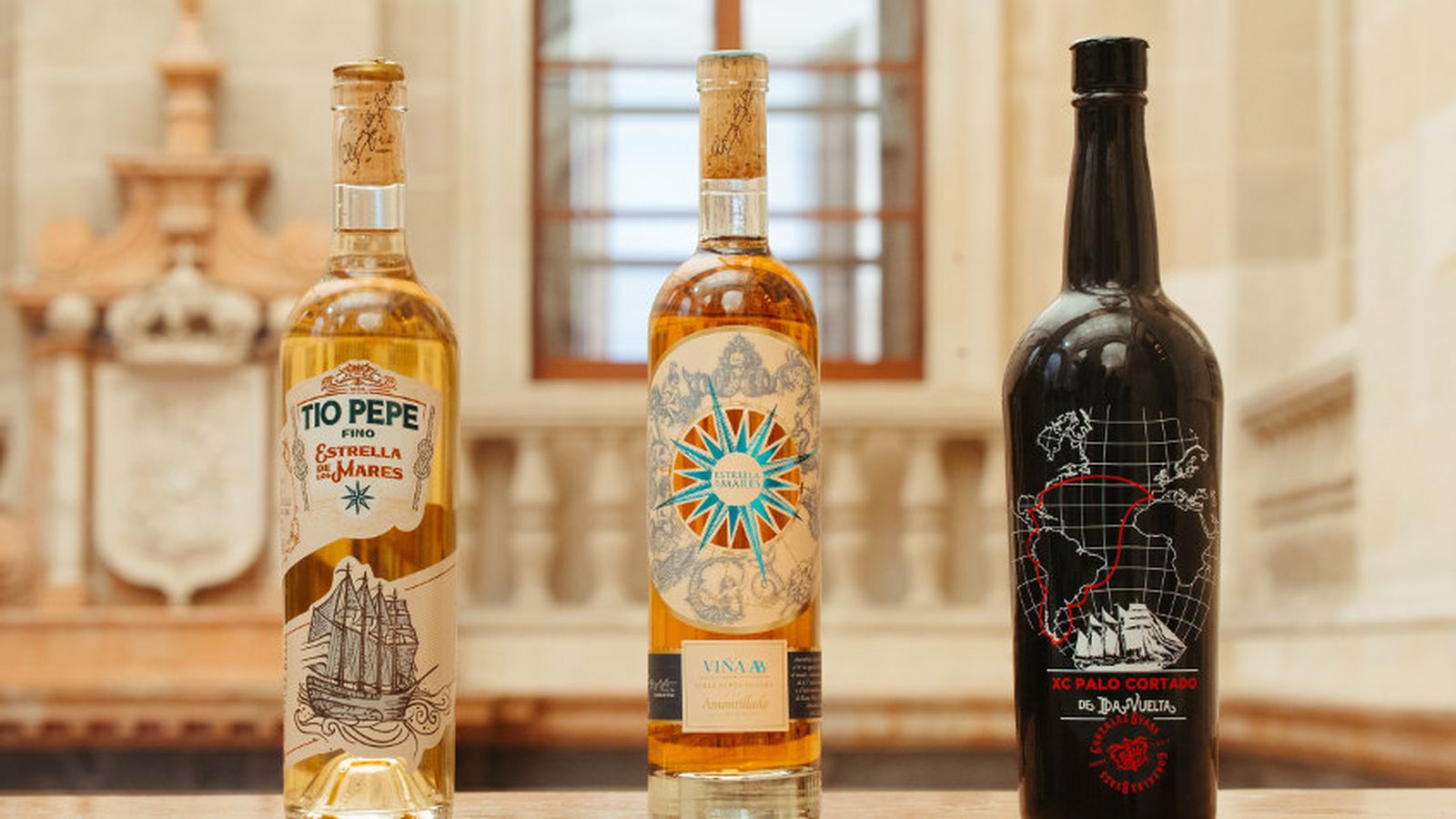 Los tres vinos de ida y vuelta de González Byass: el Tío Pepe Estrella de los Mares, el Viña AB y el Palo Cortao XC.