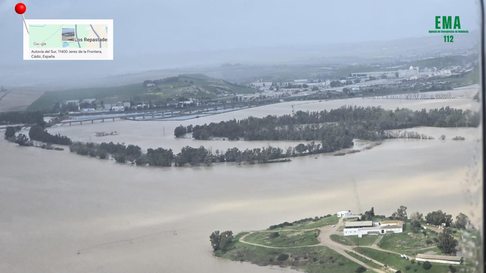 Así se ve desde el aire el desbordamiento del río Guadalete en Jerez, El Puerto, Arcos y la Sierra