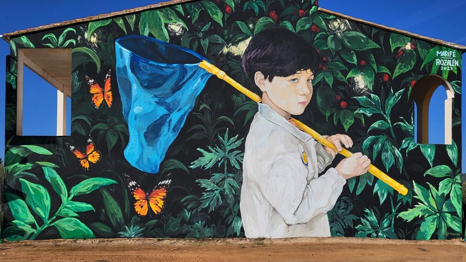 Un niño con un cazamariposas protagoniza este mural de Rozalén en Aldeahermosa.