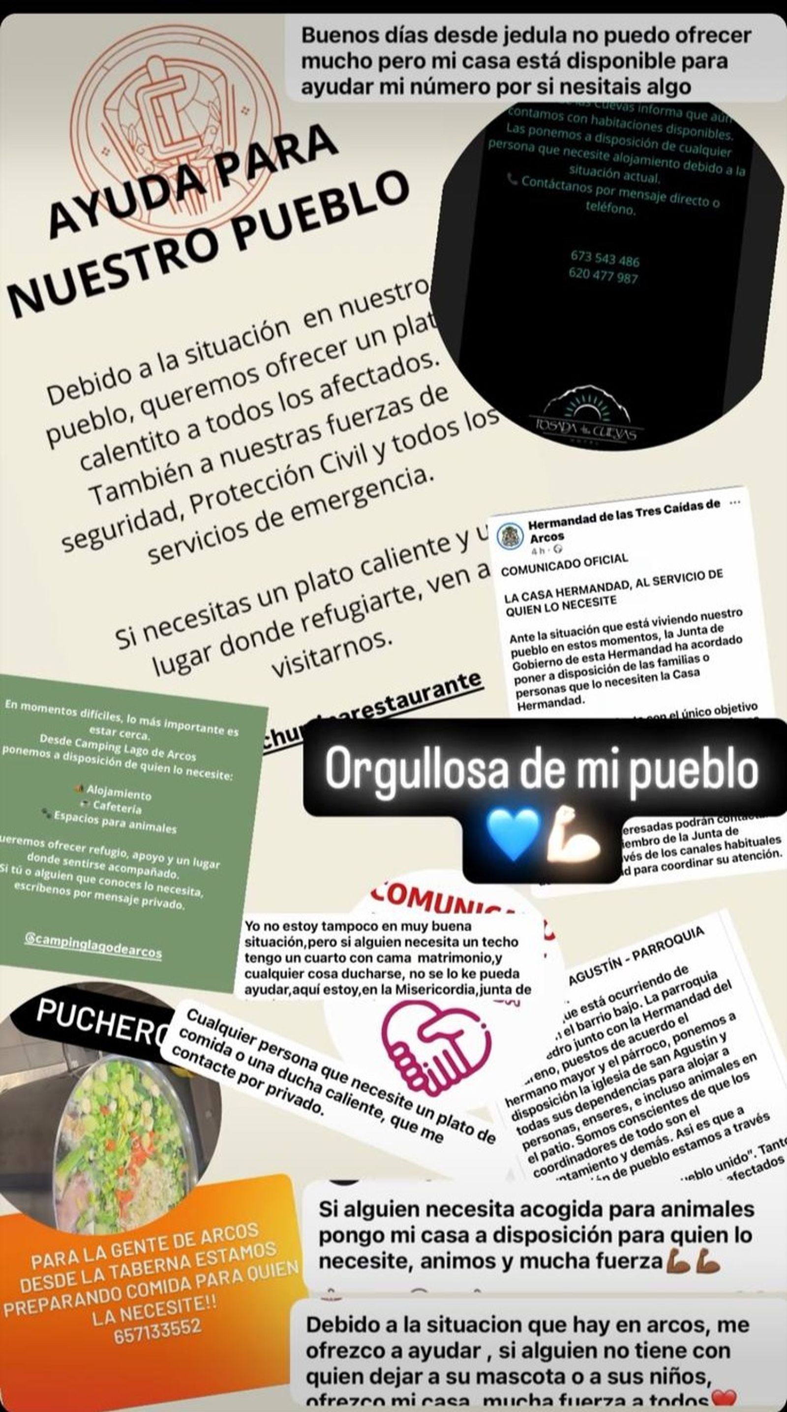 Recopilación de publicaciones de empresas, particulares y hermandades ofreciendo ayuda a la población de Arcos.