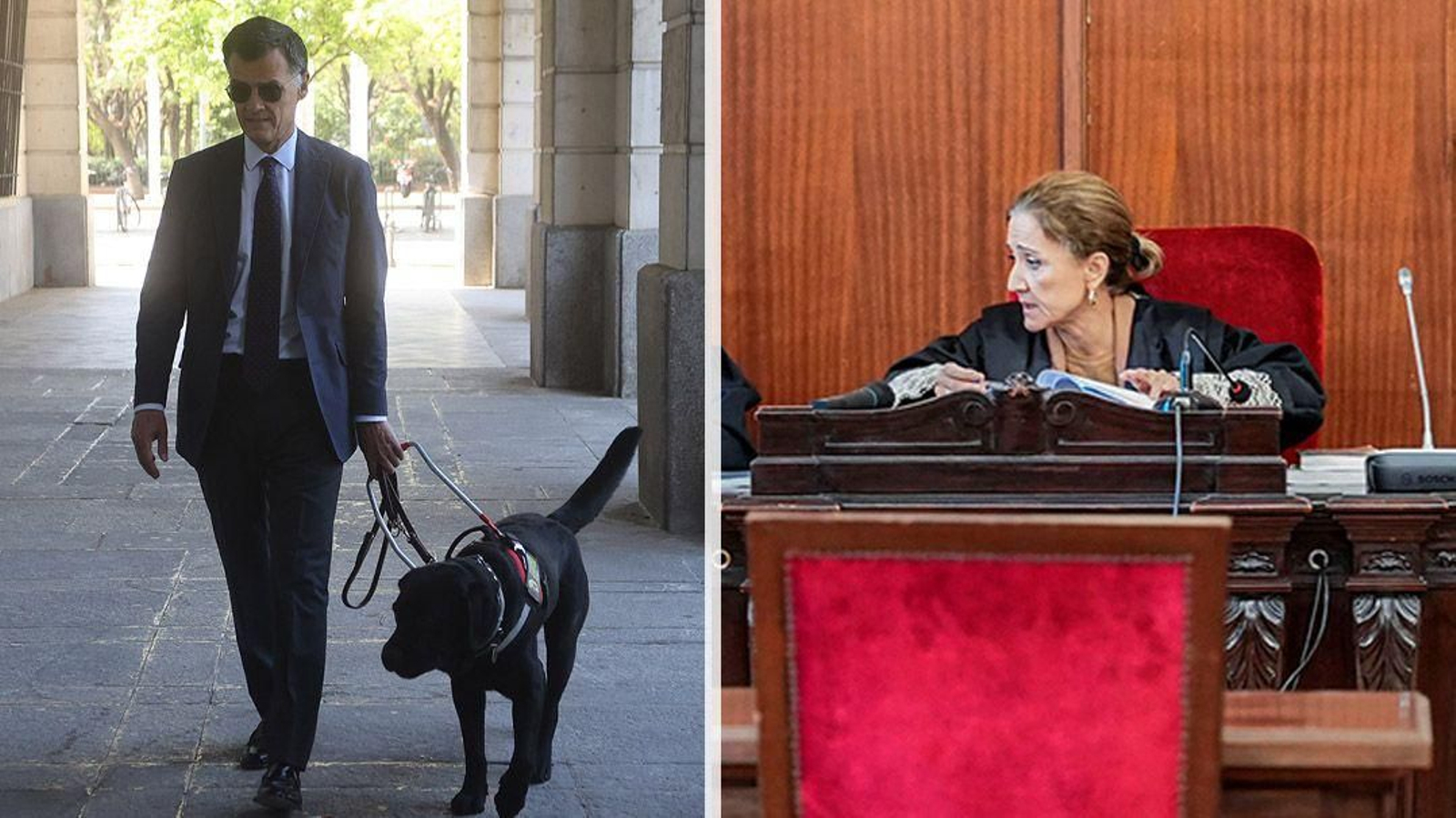 A la izquierda, Luis Gonzaga de Oro-Pulido junto a su perro guía 'Pusky'. A la derecha, Elvira Alberola en el juicio por el crimen de Estepa.