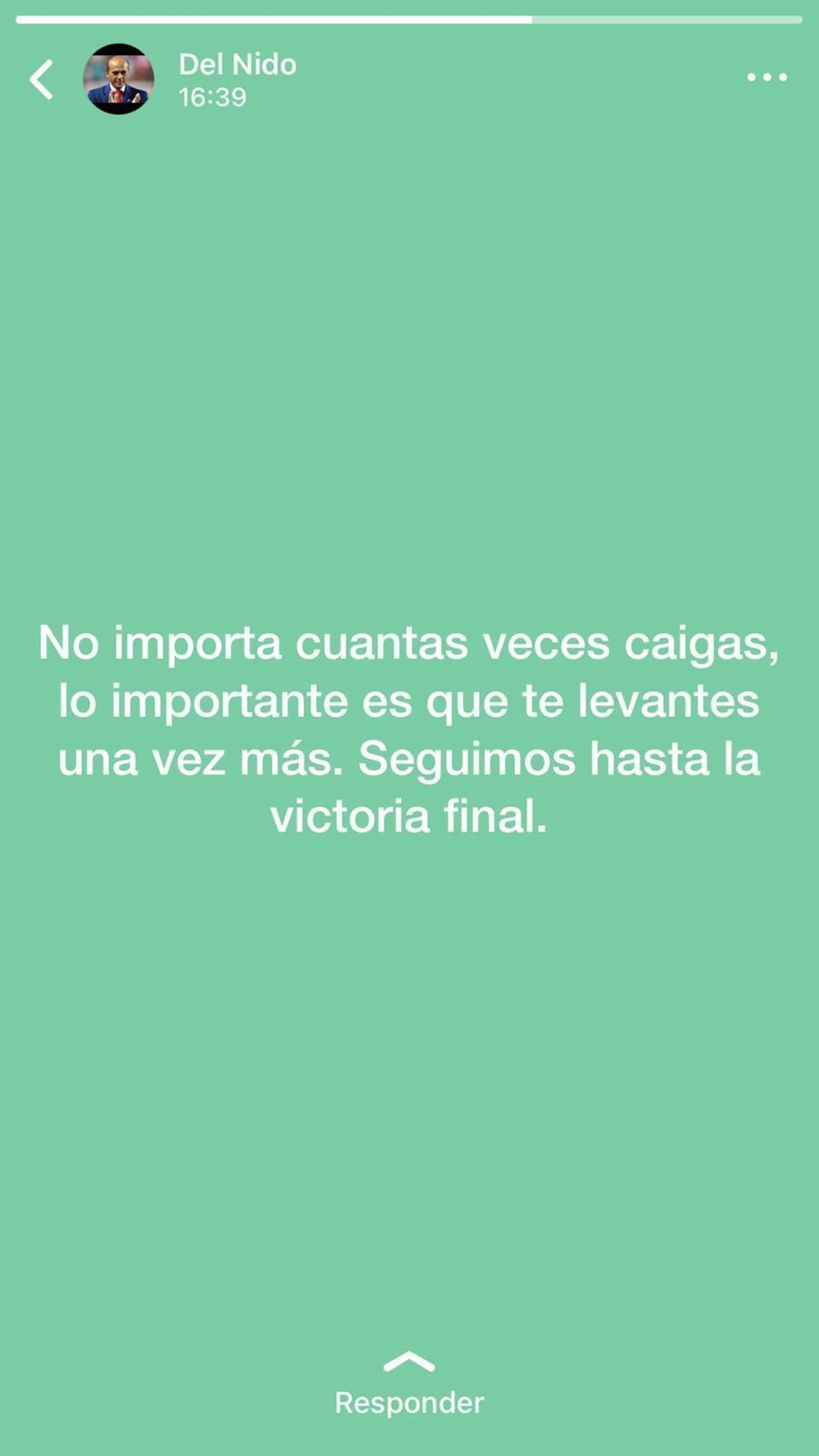 Estado de Whatsapp que puso Del Nido este viernes a las 16:39.