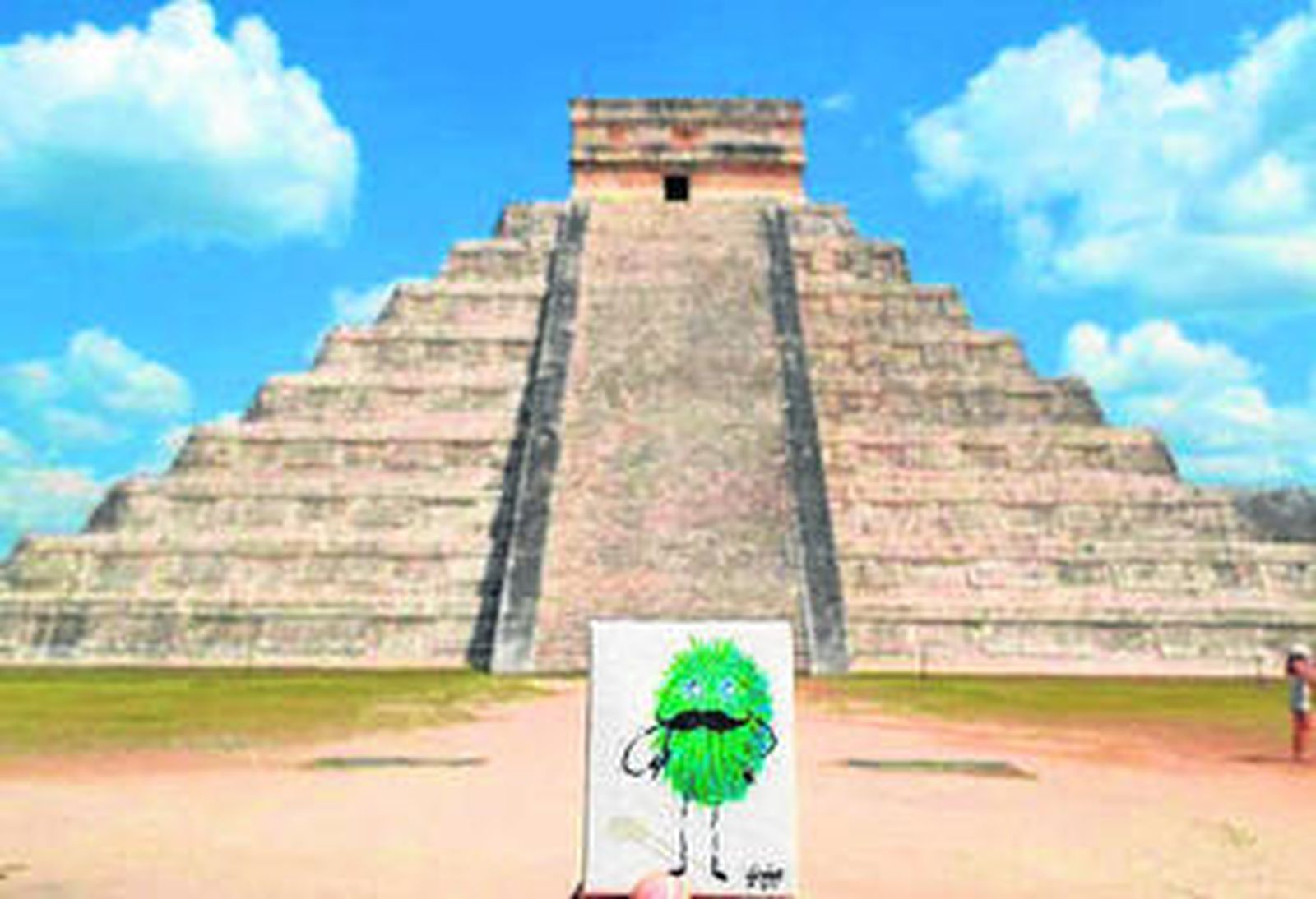 1. 'Pelusa', el dibujo que representa al artista. 2, 3 y 4. Diversas participaciones del jerezano en distintas partes del mundo, como las pirámides mayas en Latinoamérica, Picadilly Circus en Londres y el centro cívico Río San Pedro en Puerto Real.