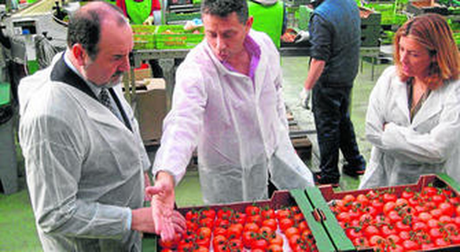 El delegado de Agricultura, José Manuel Ortiz, y la delegada del Gobierno en Almería, Sonia Ferrer, en una visita a Biosabor, con su presidente, Francisco Belmonte.