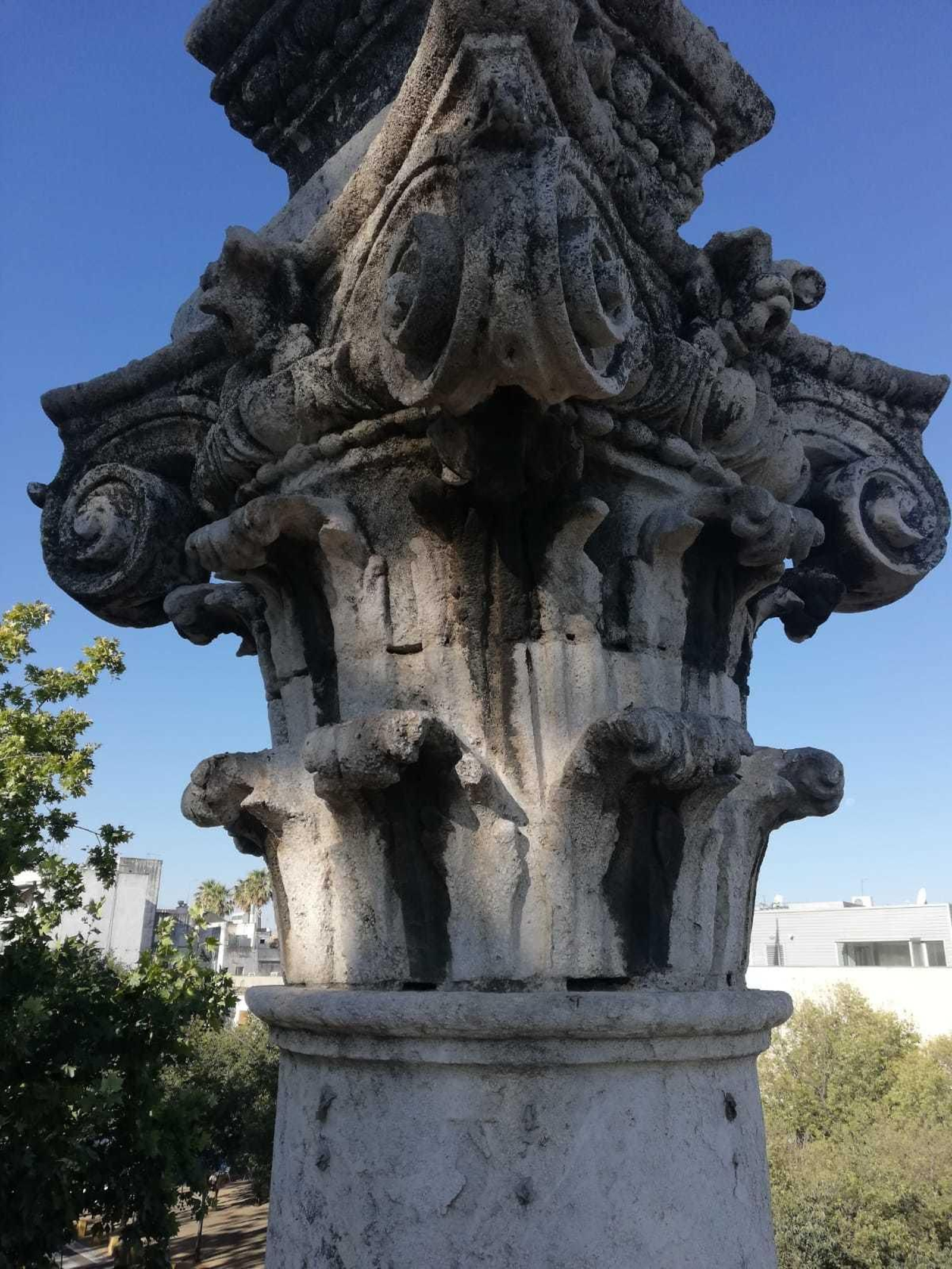 Trabajos de limpieza en los columnas de la Alameda de Hércules