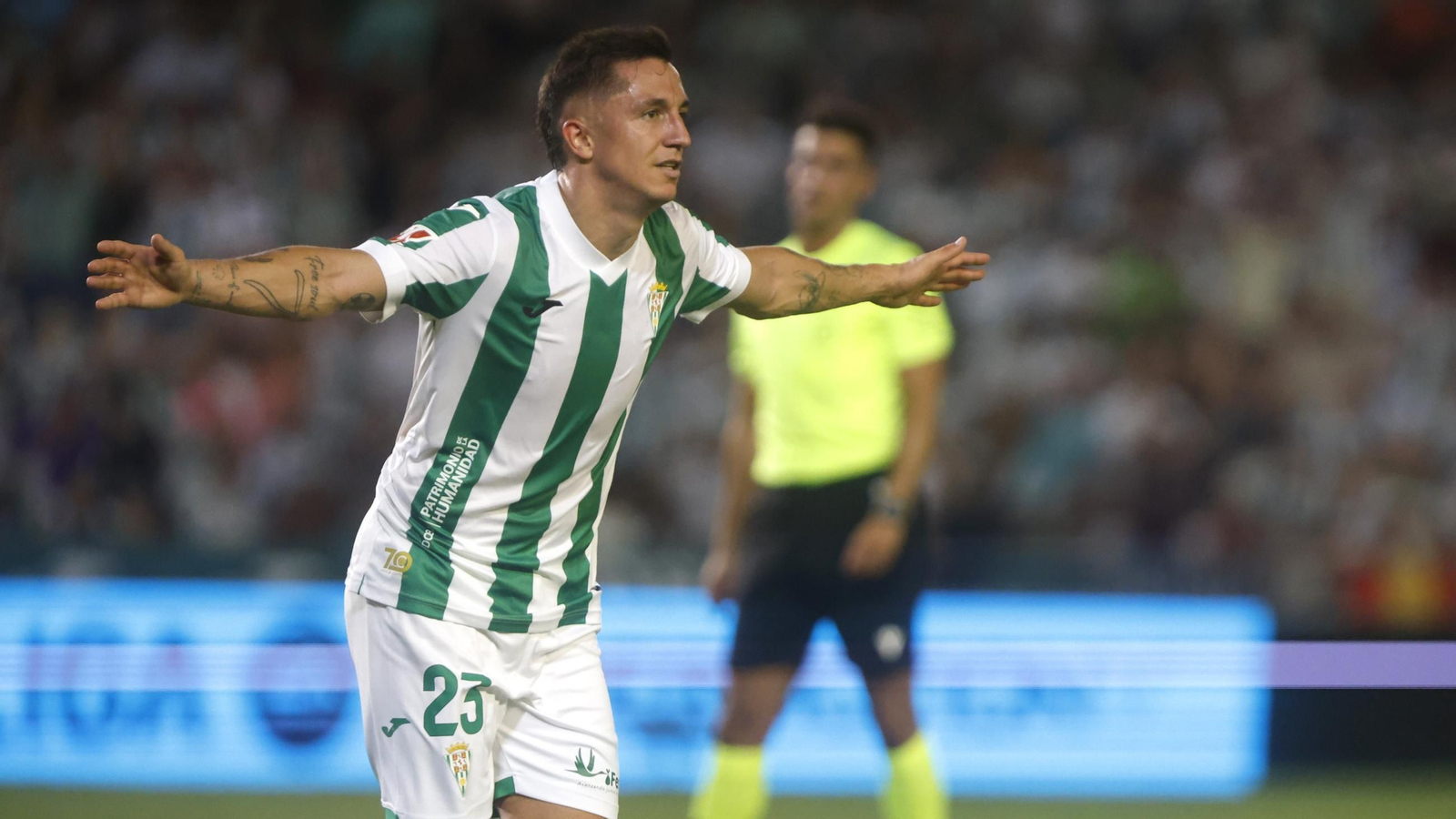 Carracedo celebra su gol en el Córdoba CF - Deportivo, su primera diana en el fútbol profesional.