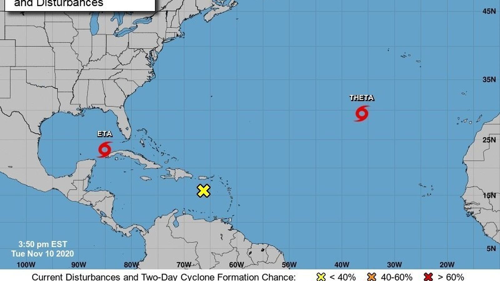 Theta  avanza en aguas abiertas del Atlántico y Eta busca otra vez Florida.