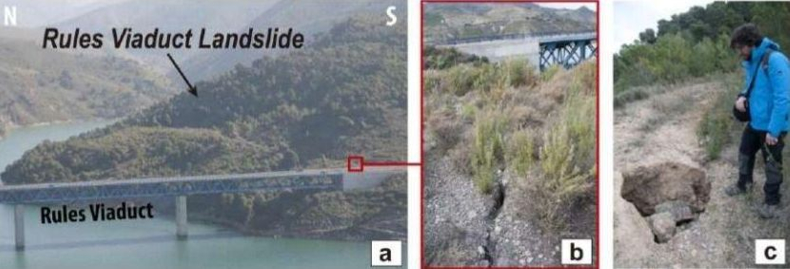 Situación del deslizamiento de Rules, gritas cercanas al estribo sur y hoyos detectados, en una imagen de la tesis de Reyes Carmona