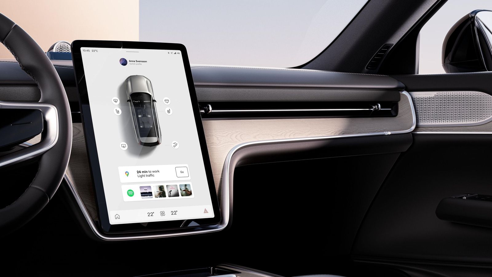La pantalla de orientación vertical se incrusta en un salpicadero de diseño muy minimalista.