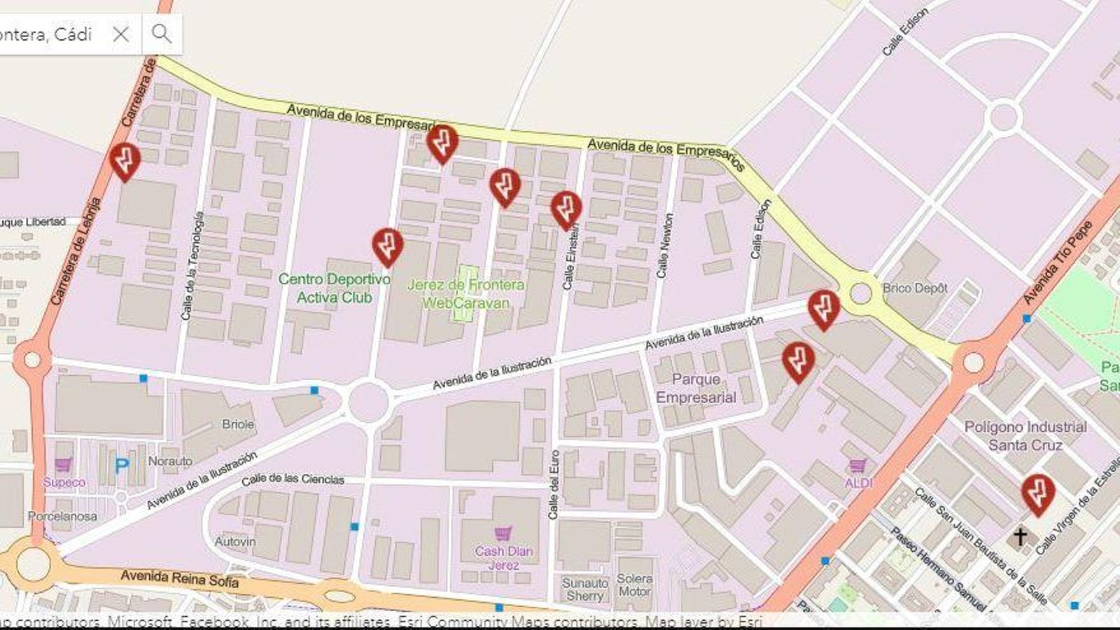 Mapa de incidencias en Jerez, en torno a las siete y media de la tarde.